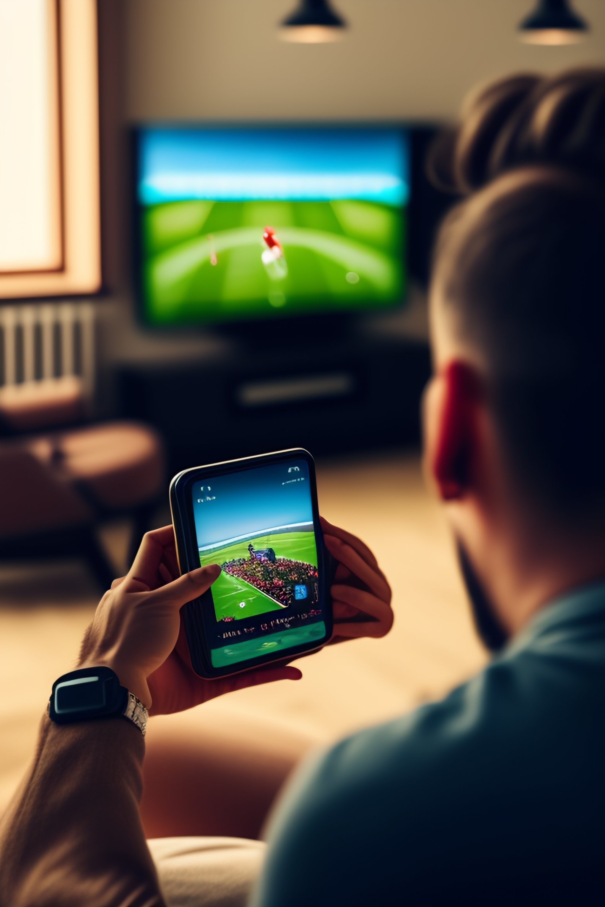 Lexica Man watching sports on tv holding his smartphone