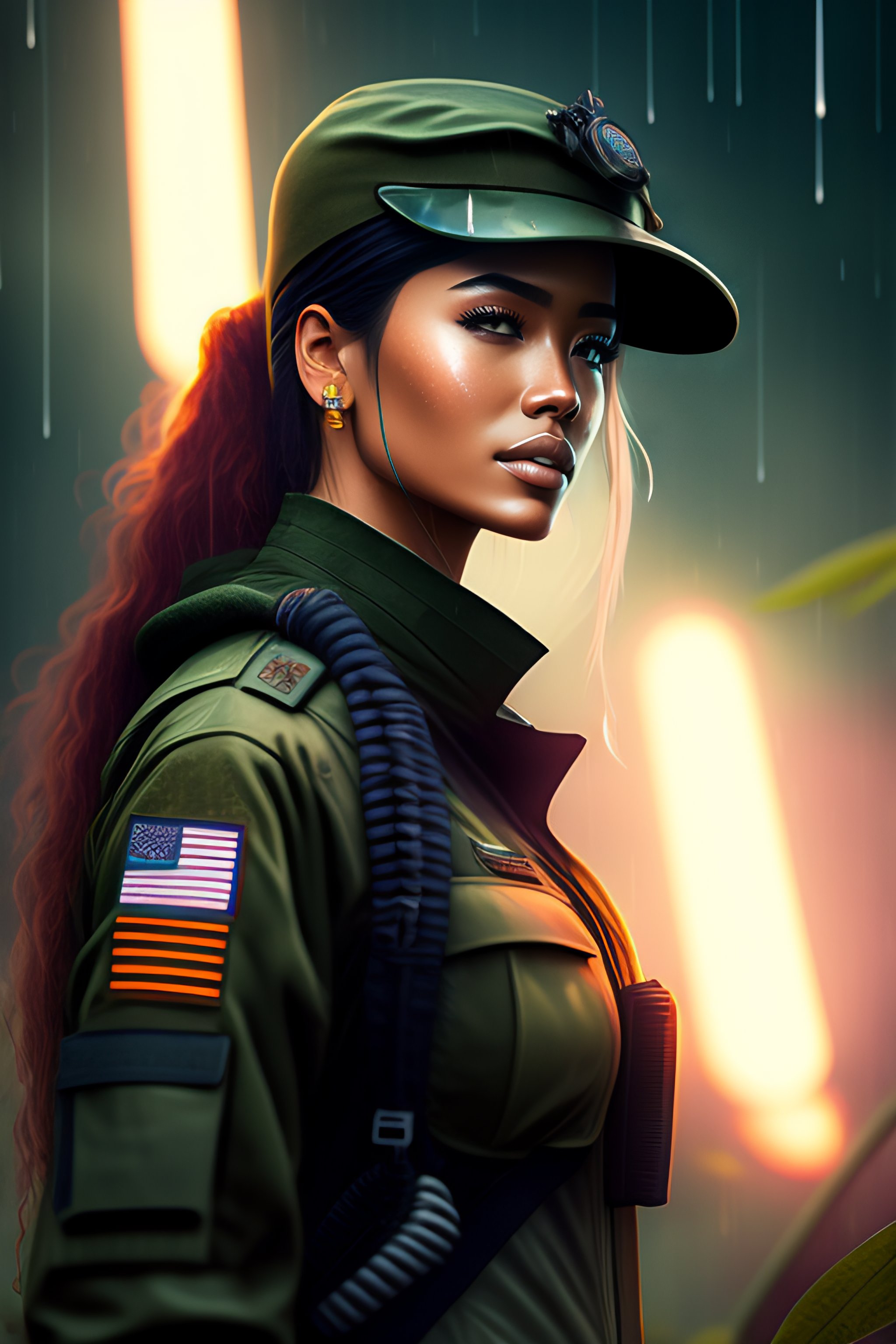 Lexica - Portrait of (emaciated:1.3) female jungle commando, (blonde:1. ...