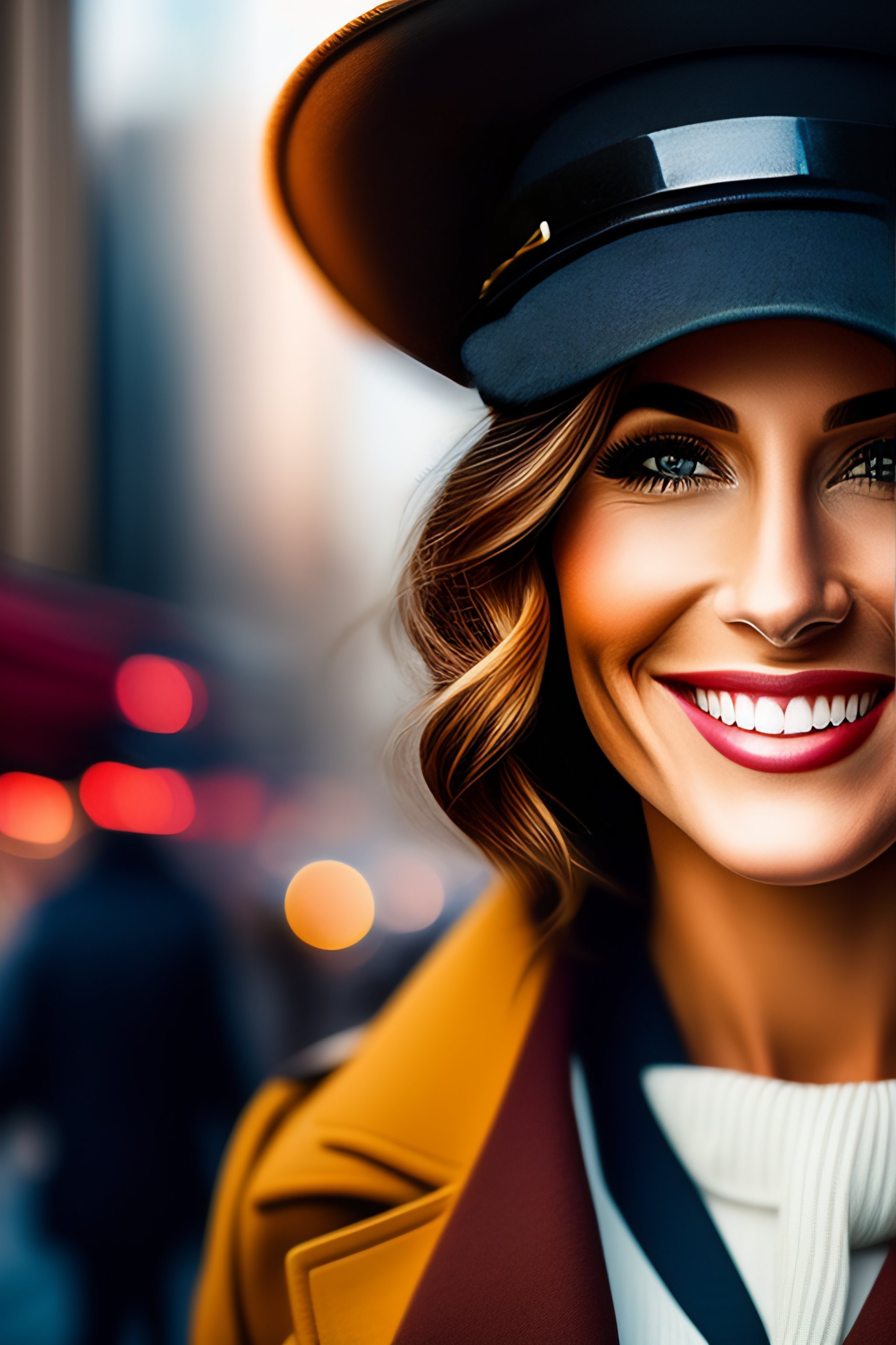Lexica - Woman looking to the side and smiling in a city