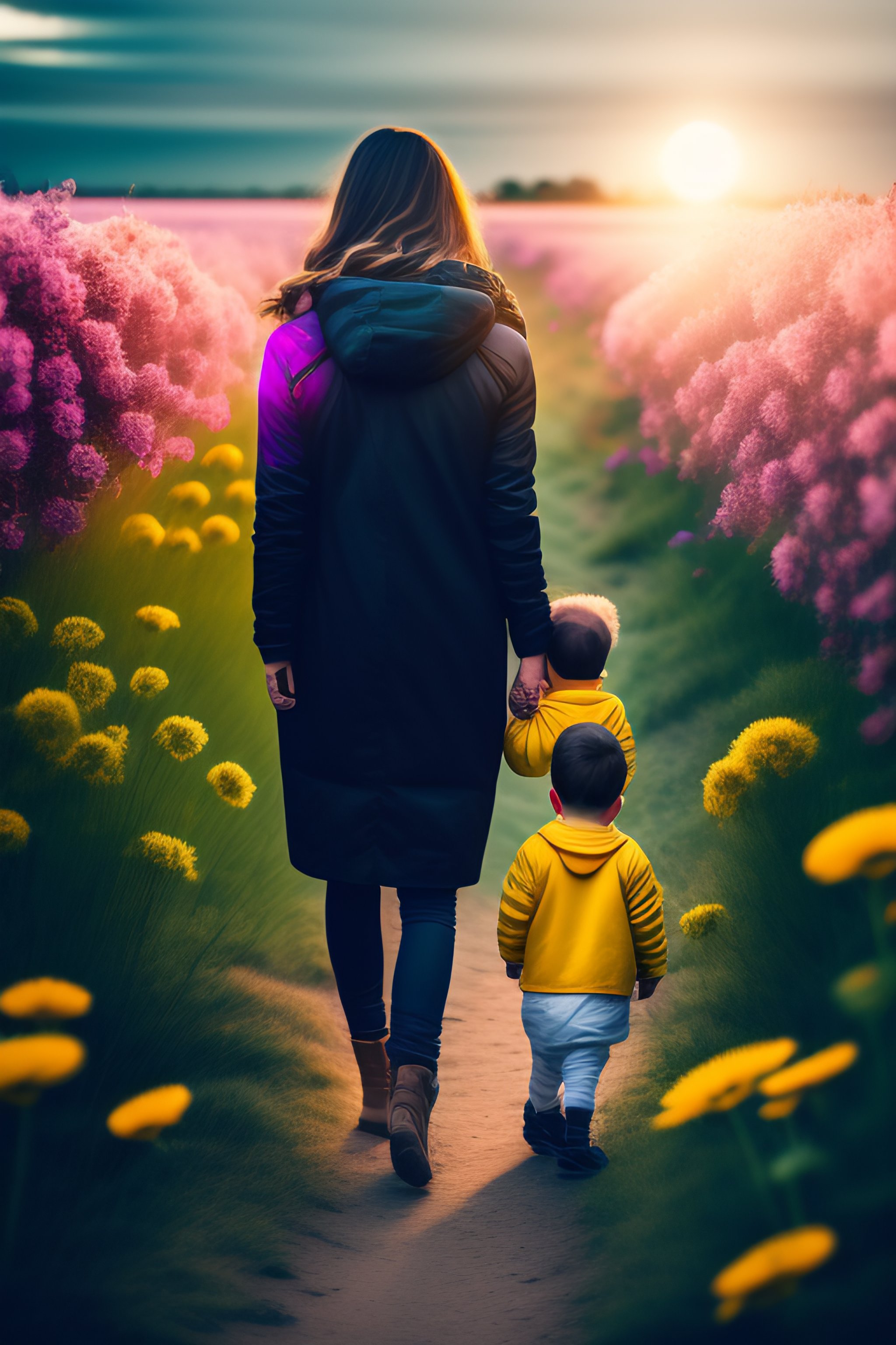 Lexica - A field full of flowers and a mother with dark hair walking ...