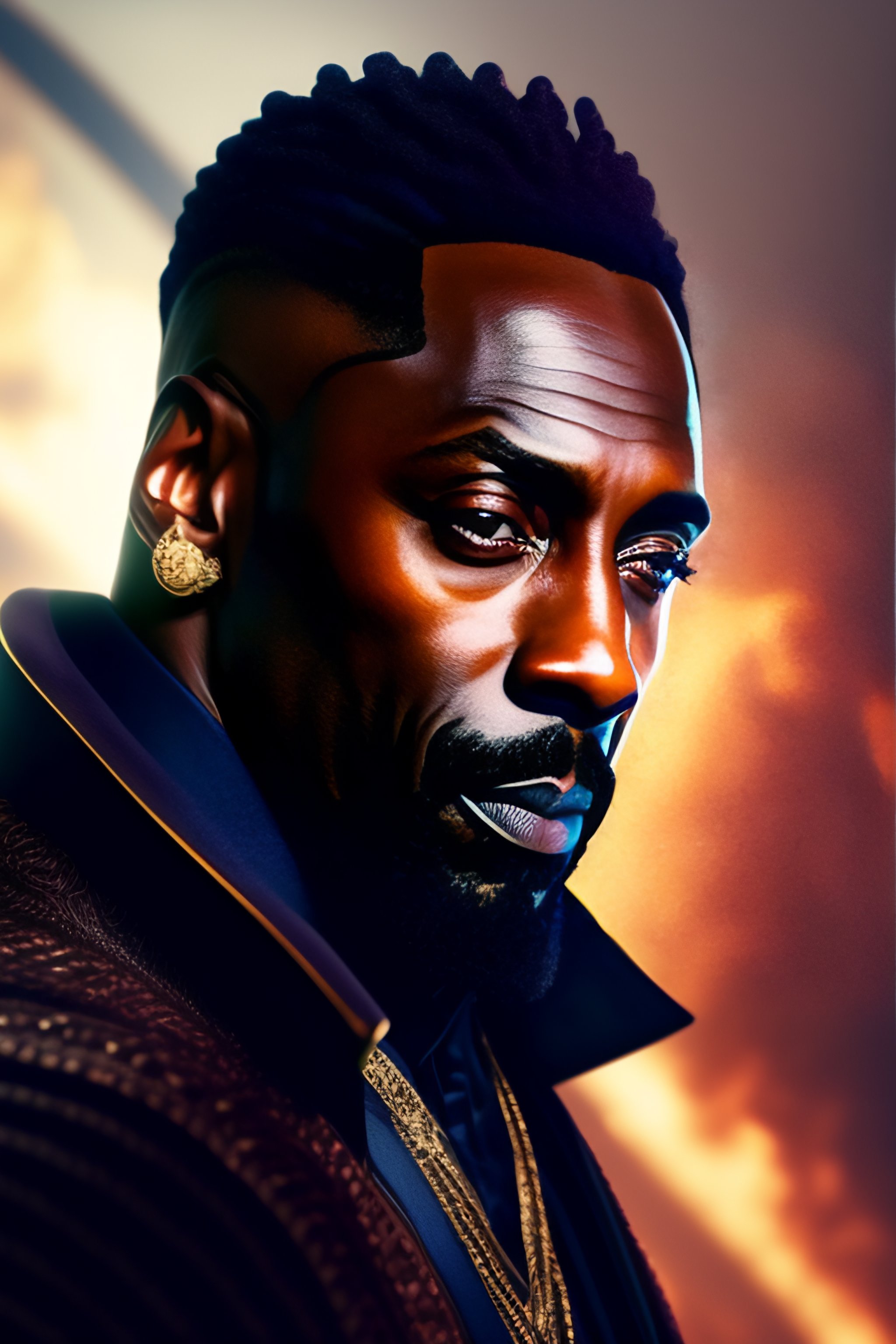 Lexica - Idris Elba, D&D Wizard with staff gem, dreadlock hair