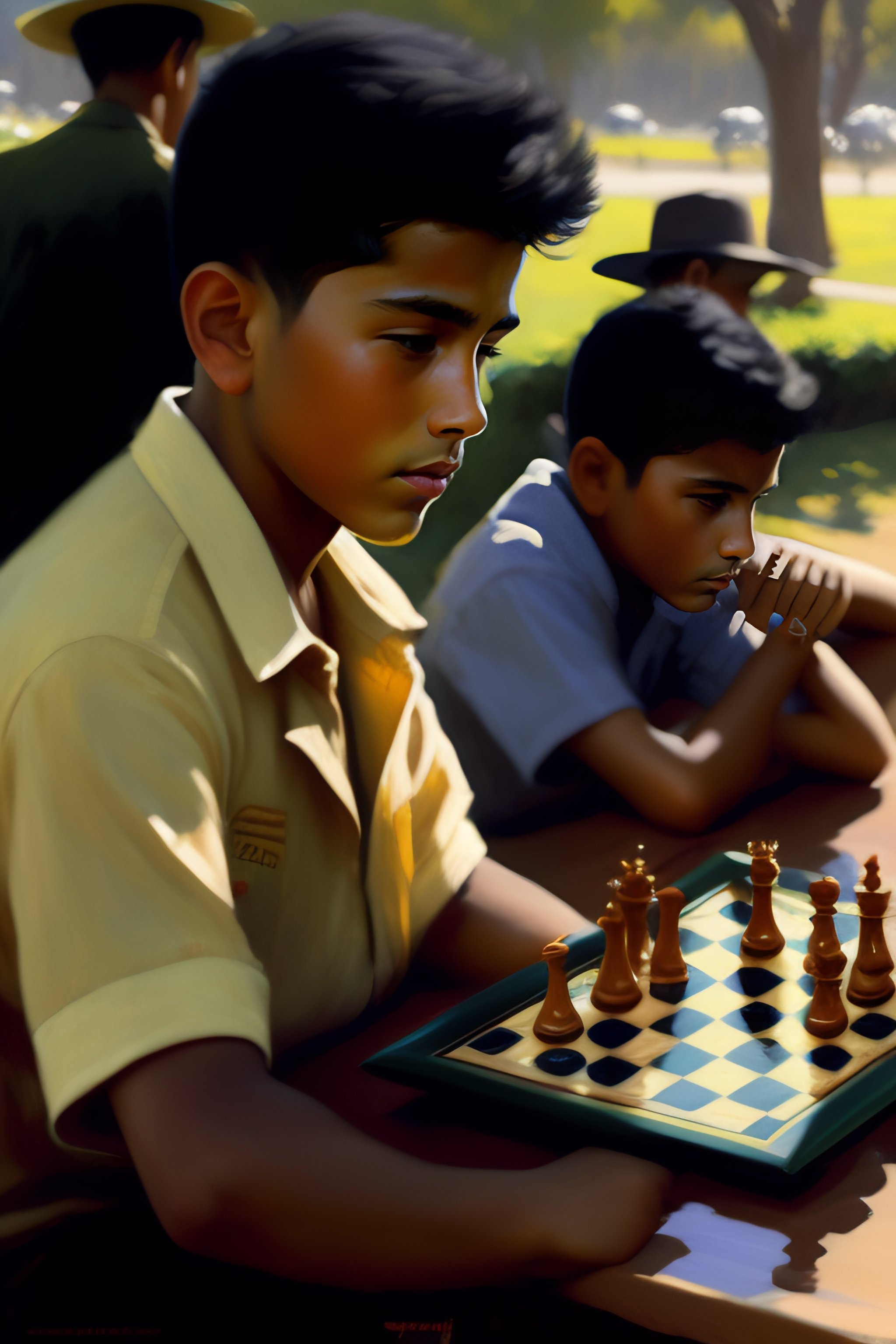 Lexica Portrait of Mexican youth wearing dingy clothing playing chess, detailed by greg