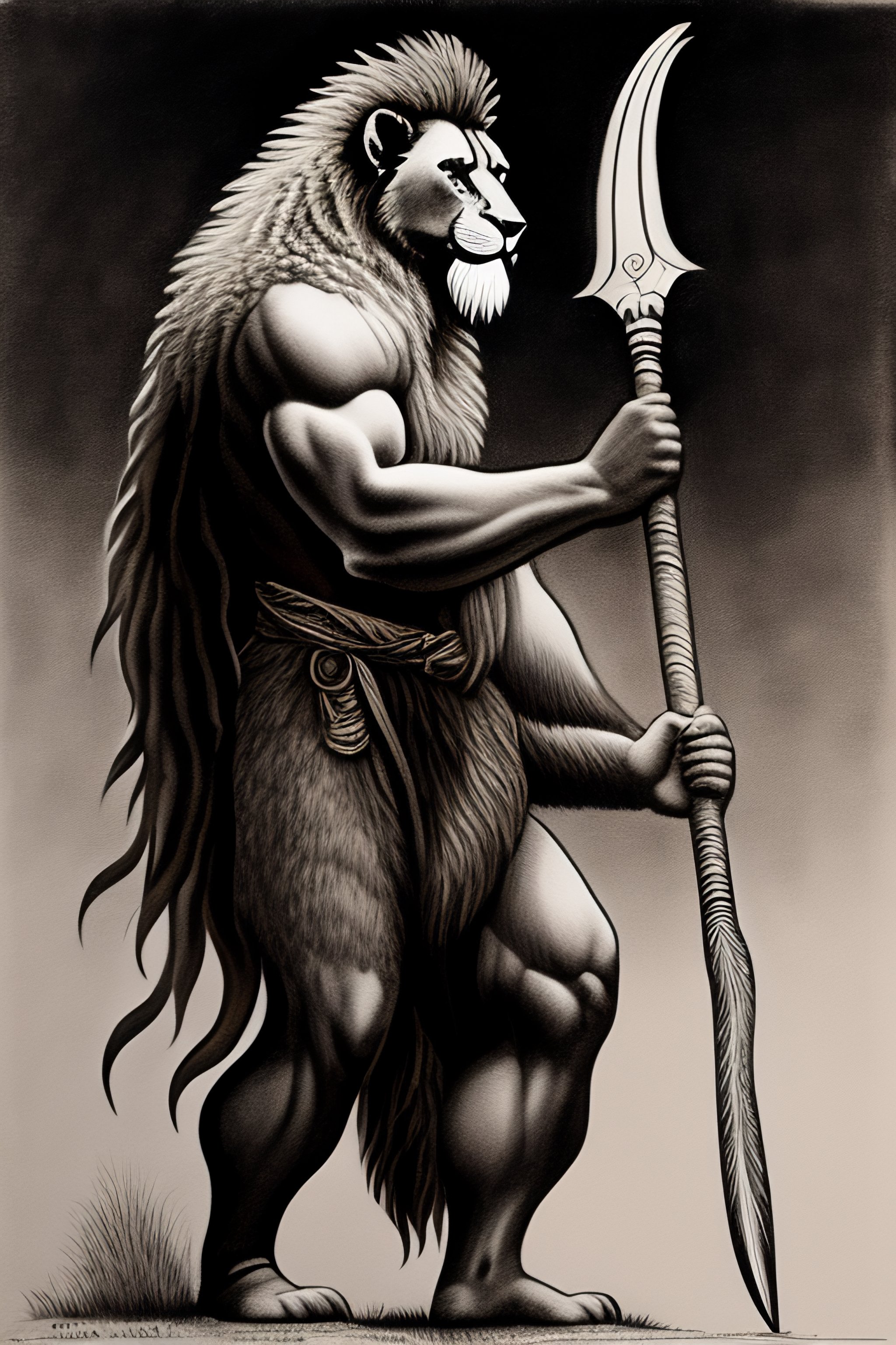 Lexica - A ink drawing full body of an anthromorphic lionman. holding a ...
