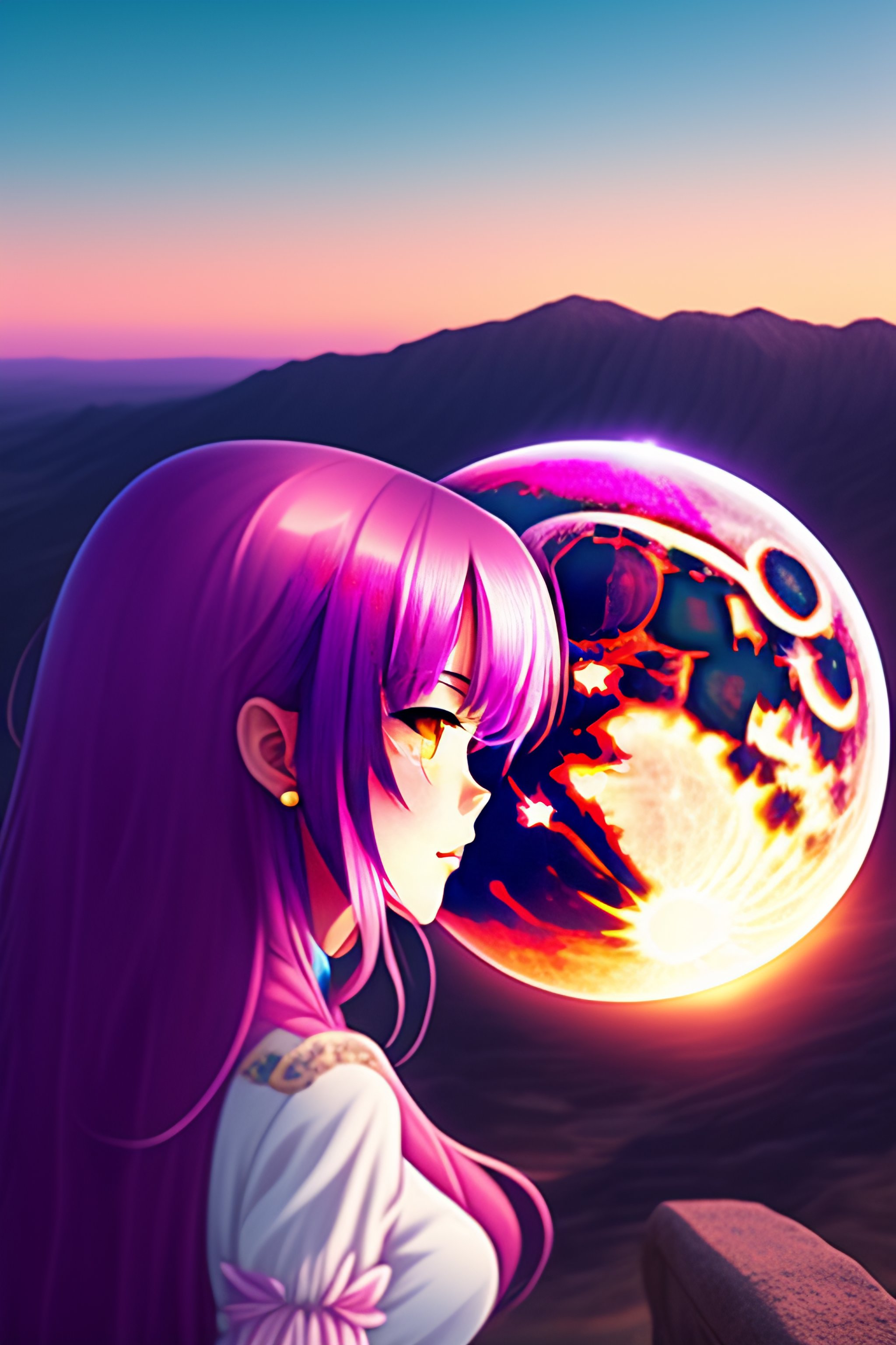 Lexica - Full moon, pink moon, anime, anime girl, long hair, view in  camera, no floor