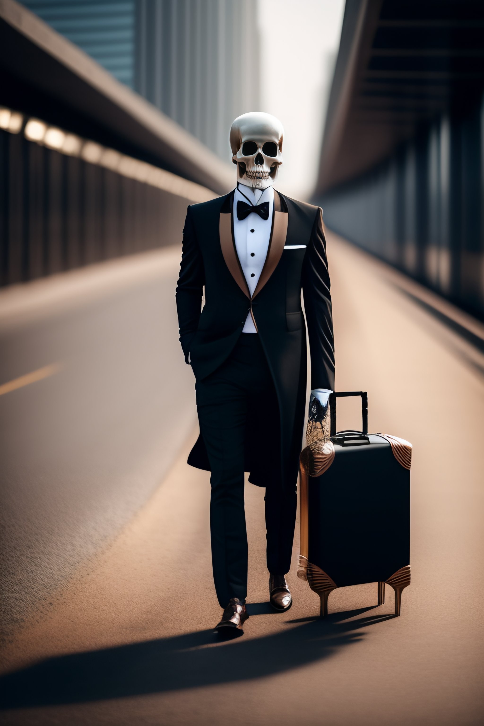Lexica - Skeleton going to work depressed with black tie and brown suitcase
