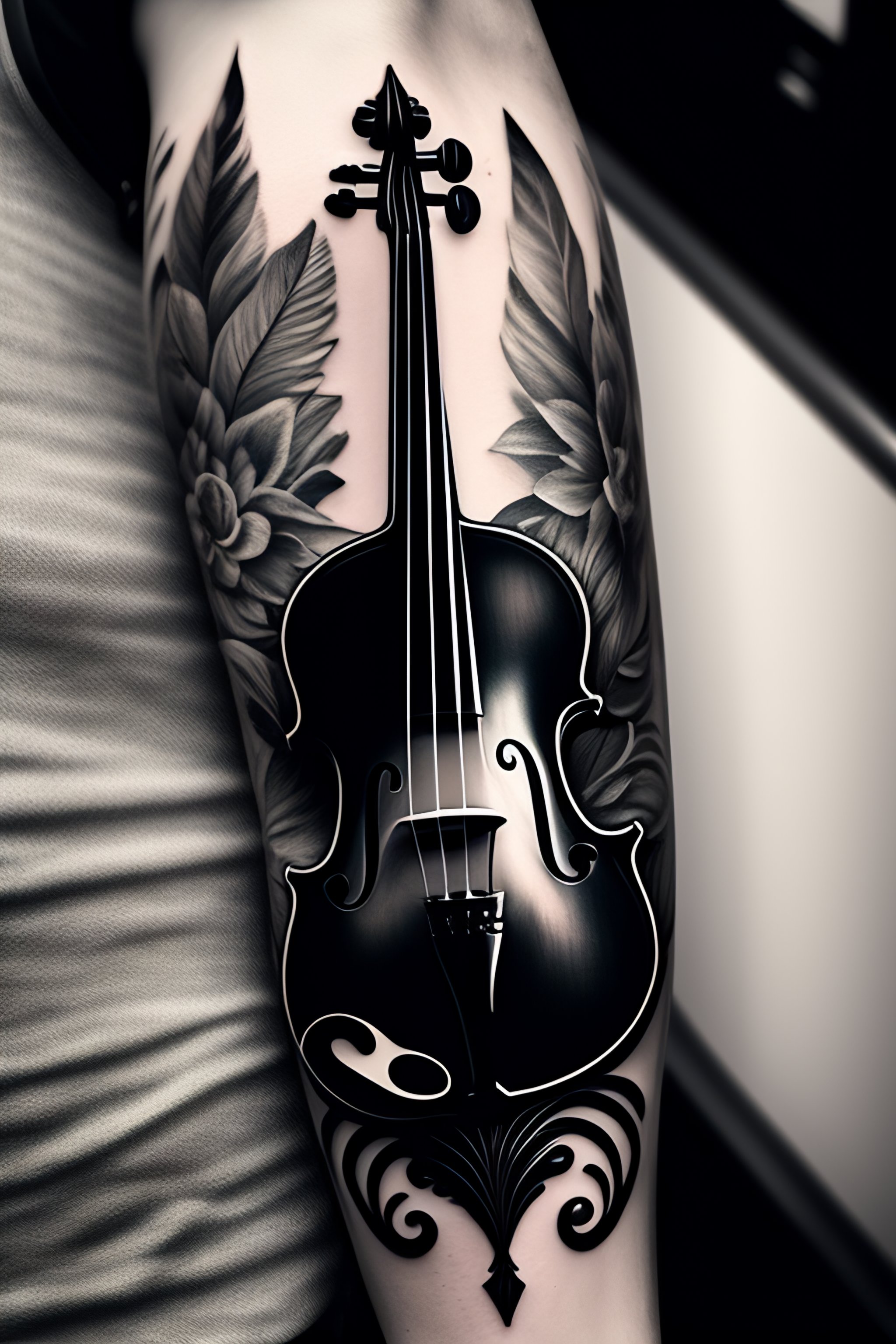 Lexica A tattoo of violin with music coming out and going around the
