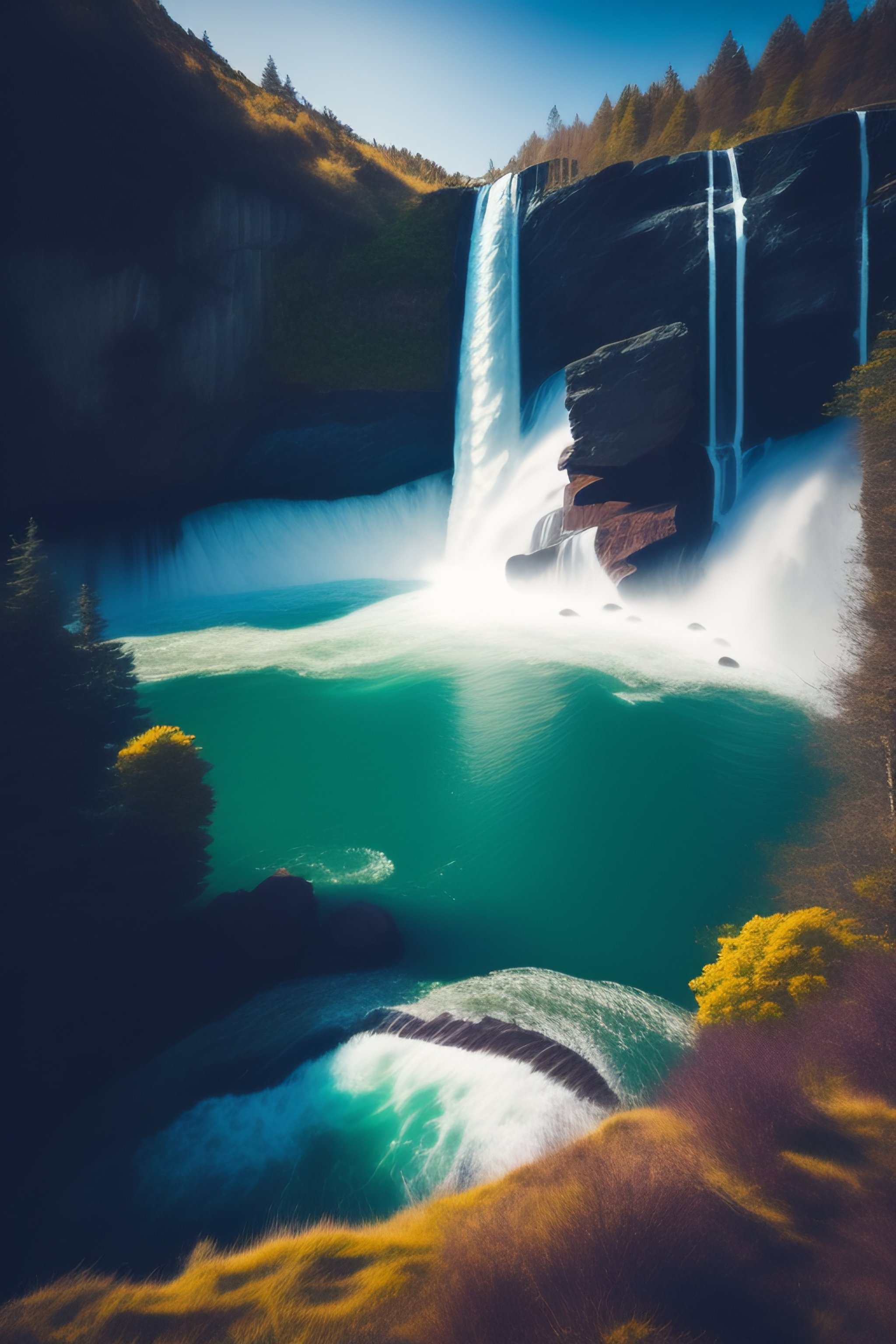 Lexica - A view from a cliff overlooking a waterfall spilling out into ...