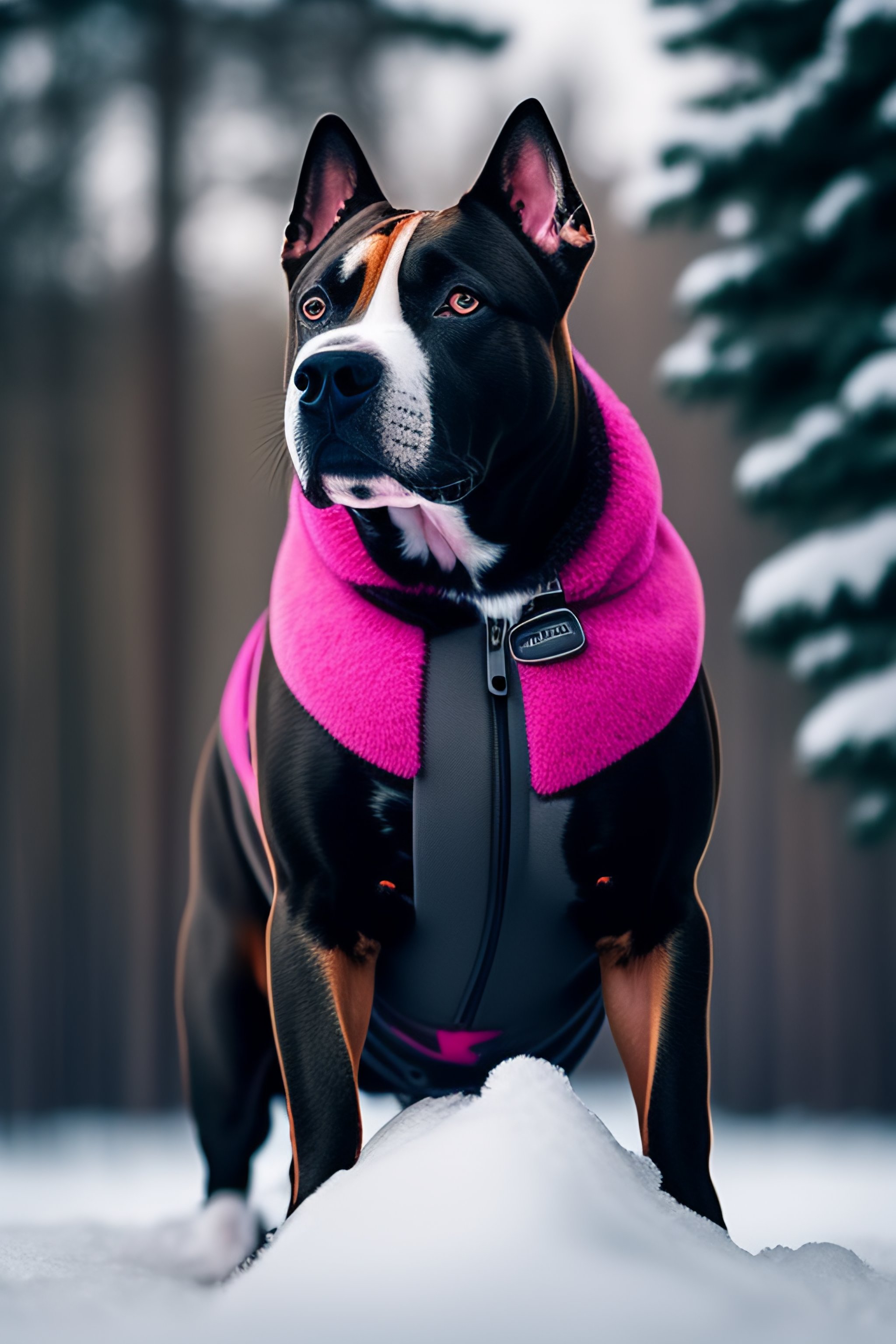 Lexica American staffy wearing a spikey jacket standing on the snow