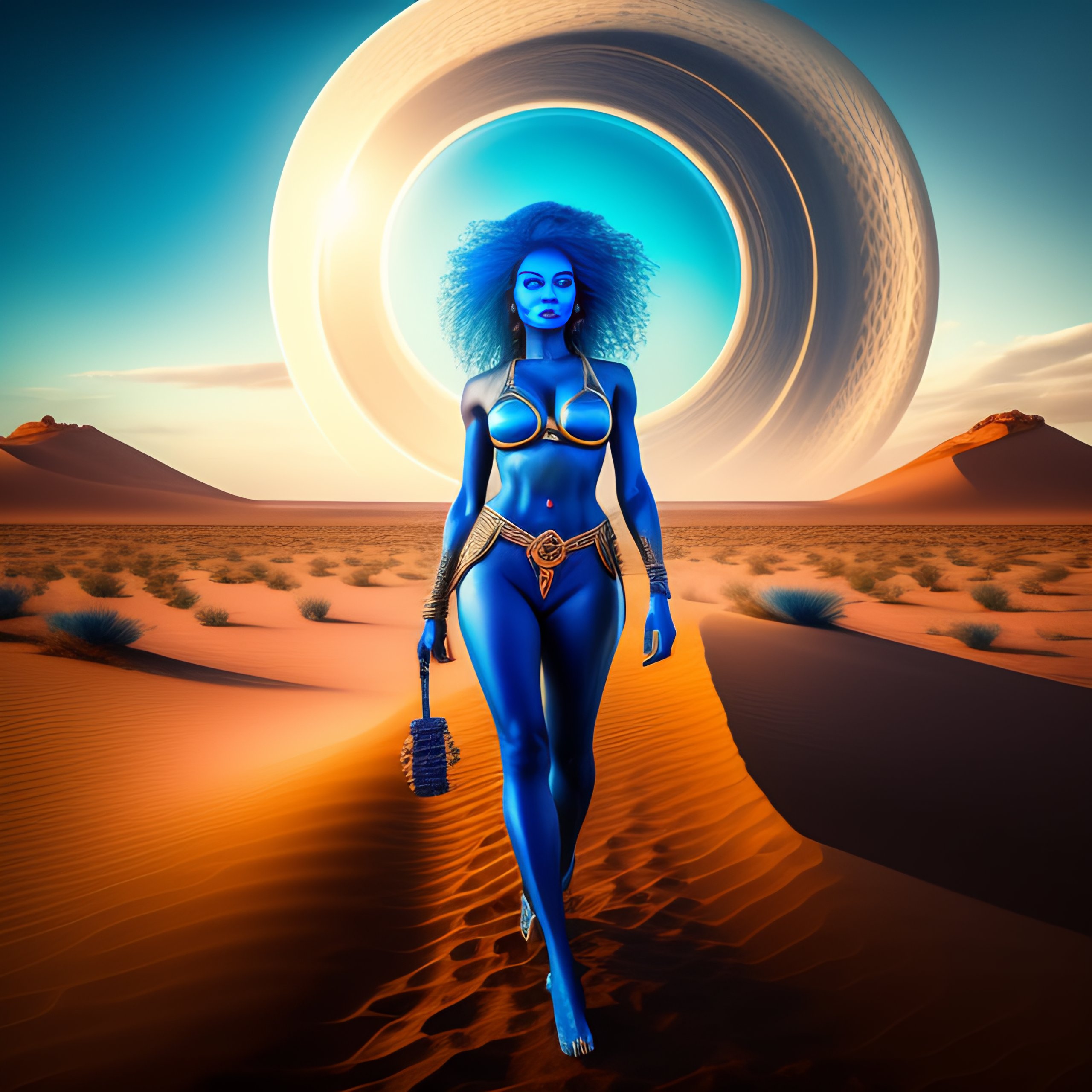 Lexica Lovely Alien Women With Blue Skin Has A Desert Journey With Footprints In The Sand 
