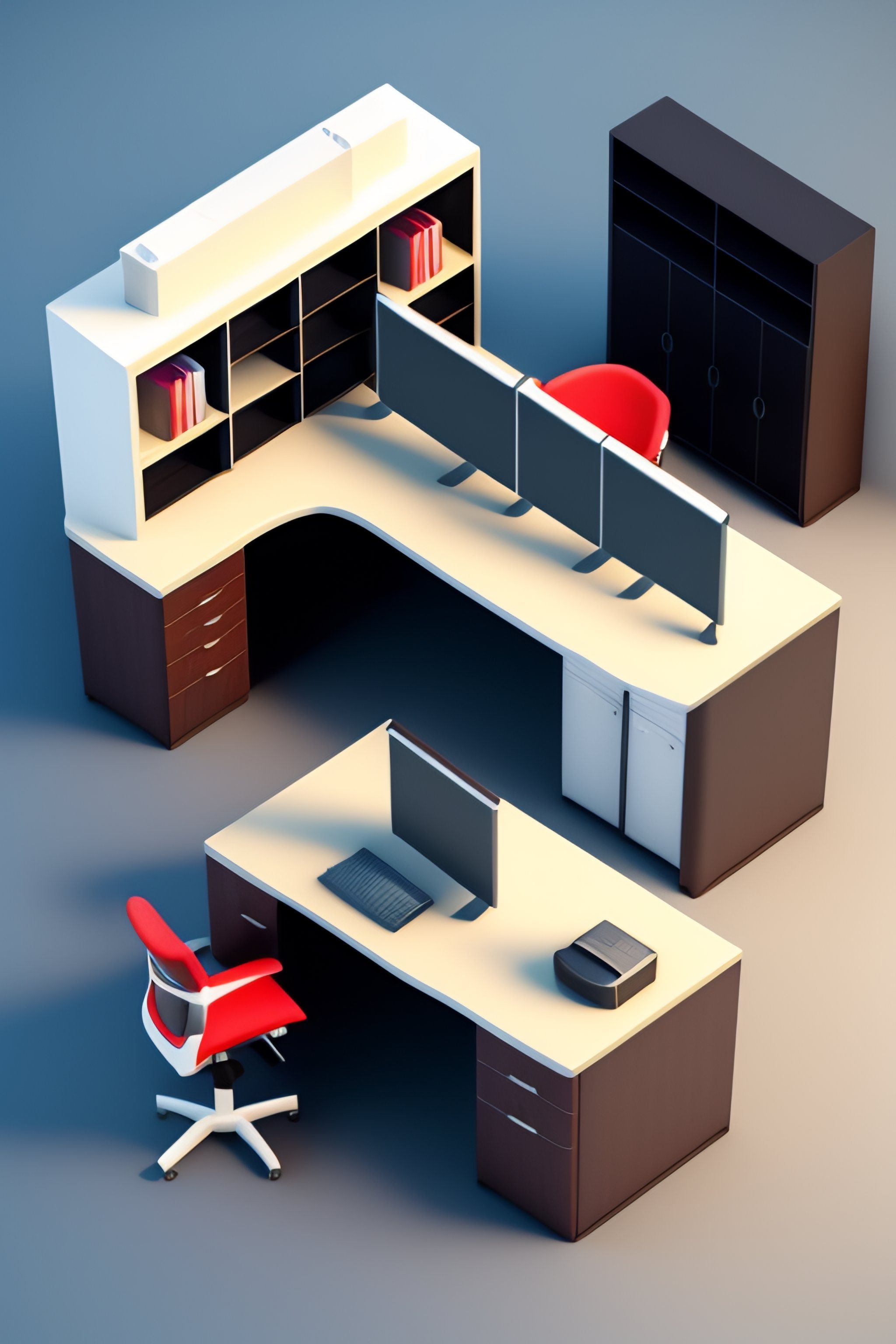 Lexica Realistic 3D render of an isometric office in a low poly art