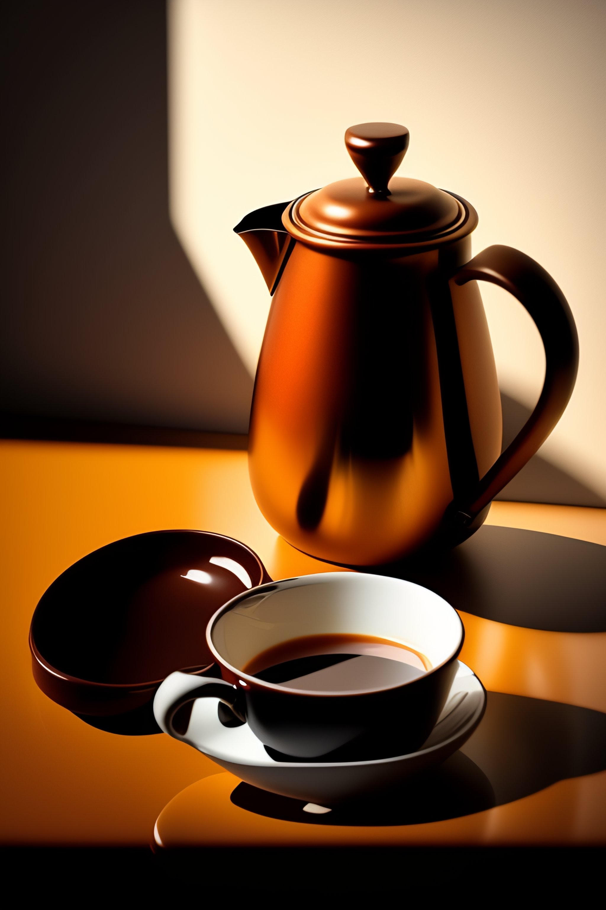 Lexica Still life mug of coffee and stir spoon and a coffee pot with