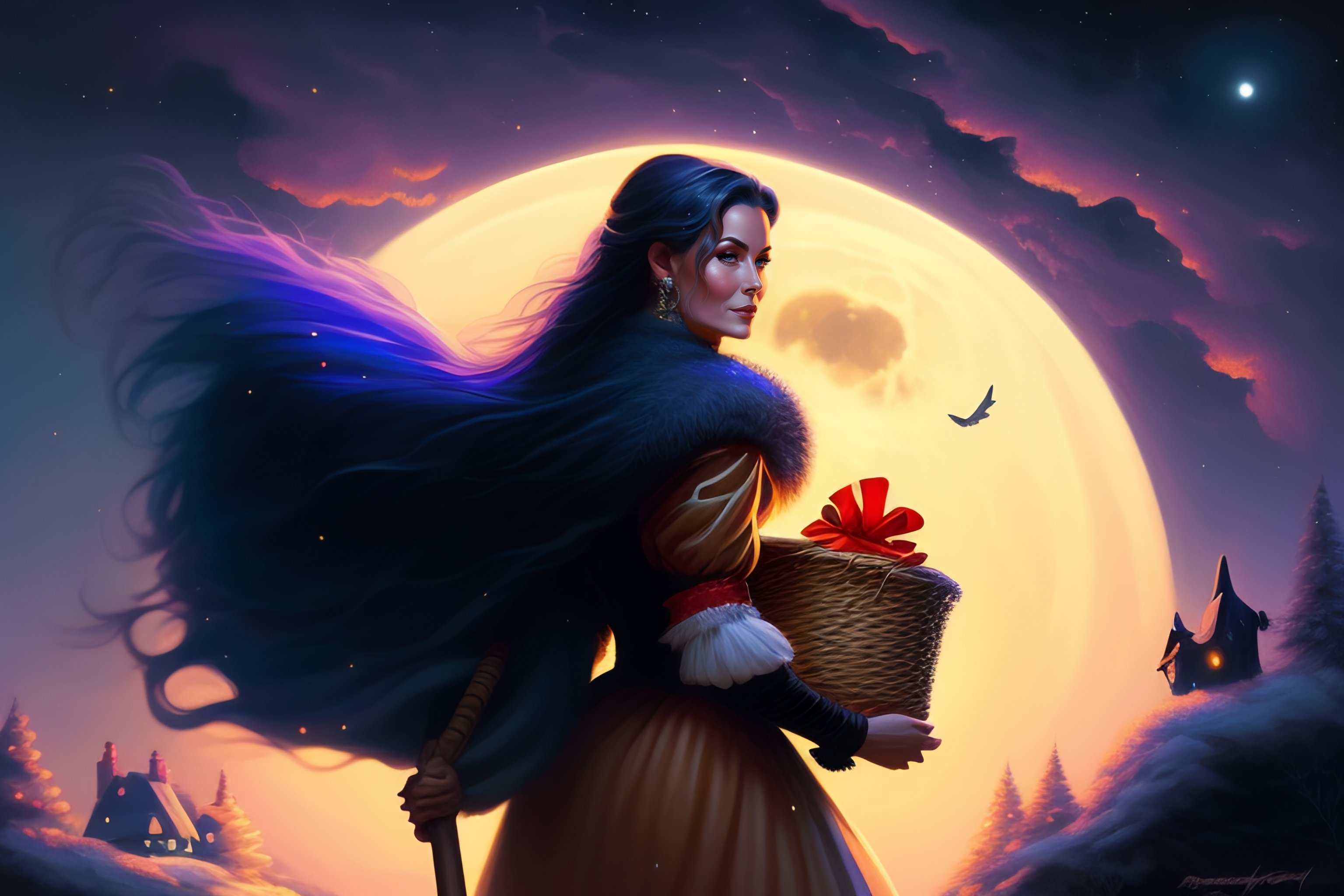 Lexica - Old witch riding a broom carrying a sack full of presents, at ...