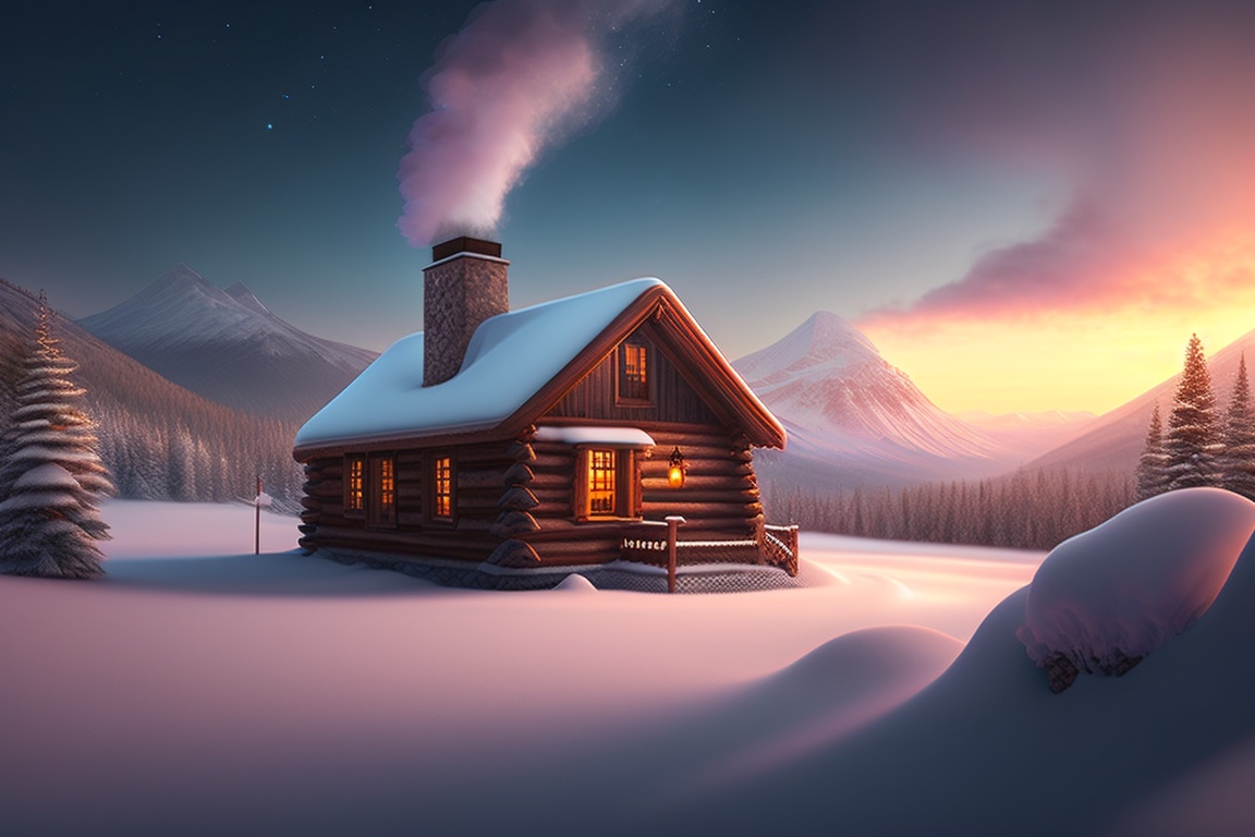 Lexica - A cozy cabin nestled in a snowy mountain landscape, with smoke ...