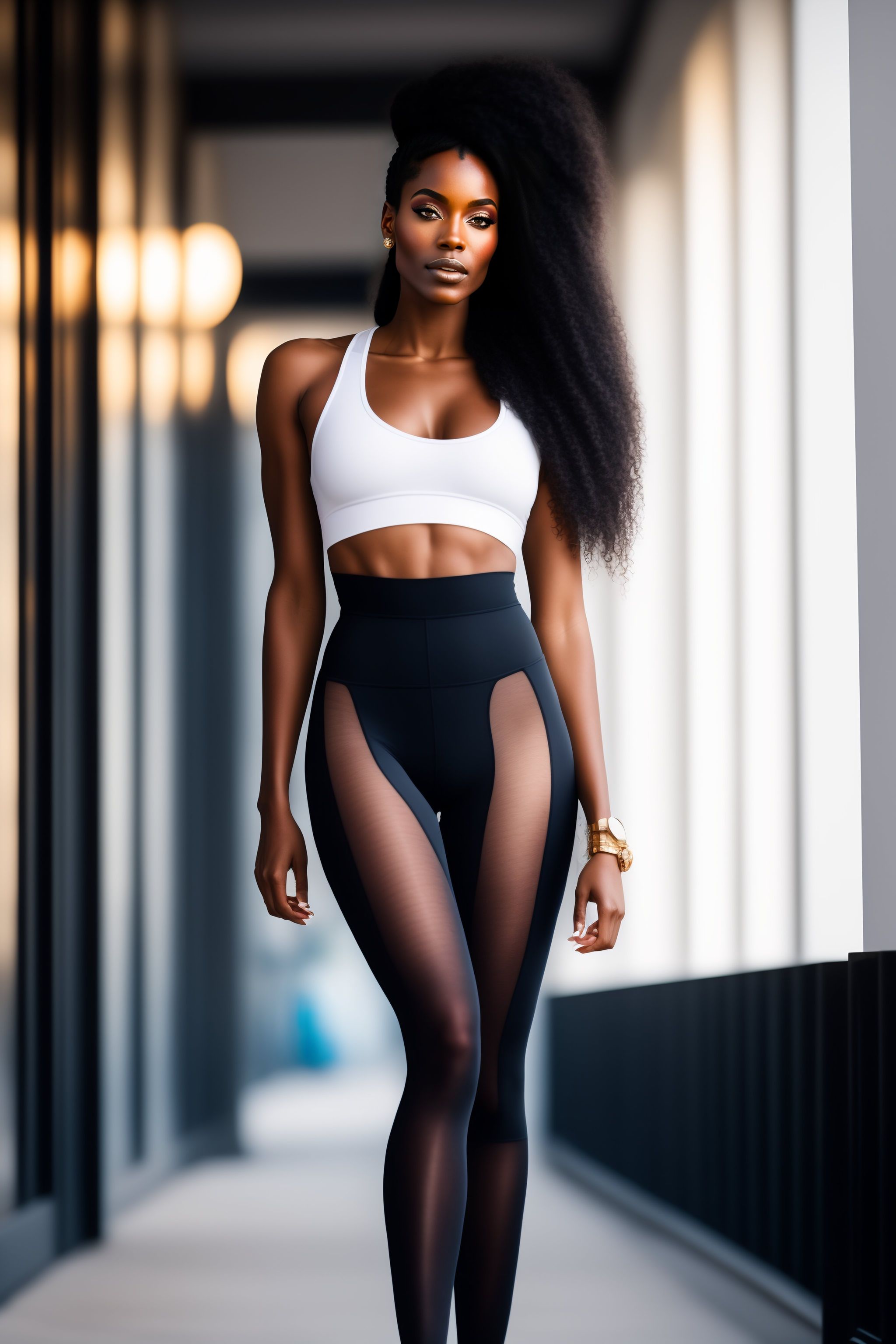 Lexica - Black woman, in transparent tights, long hair, sports body, full  length, legs, high quality, high details.