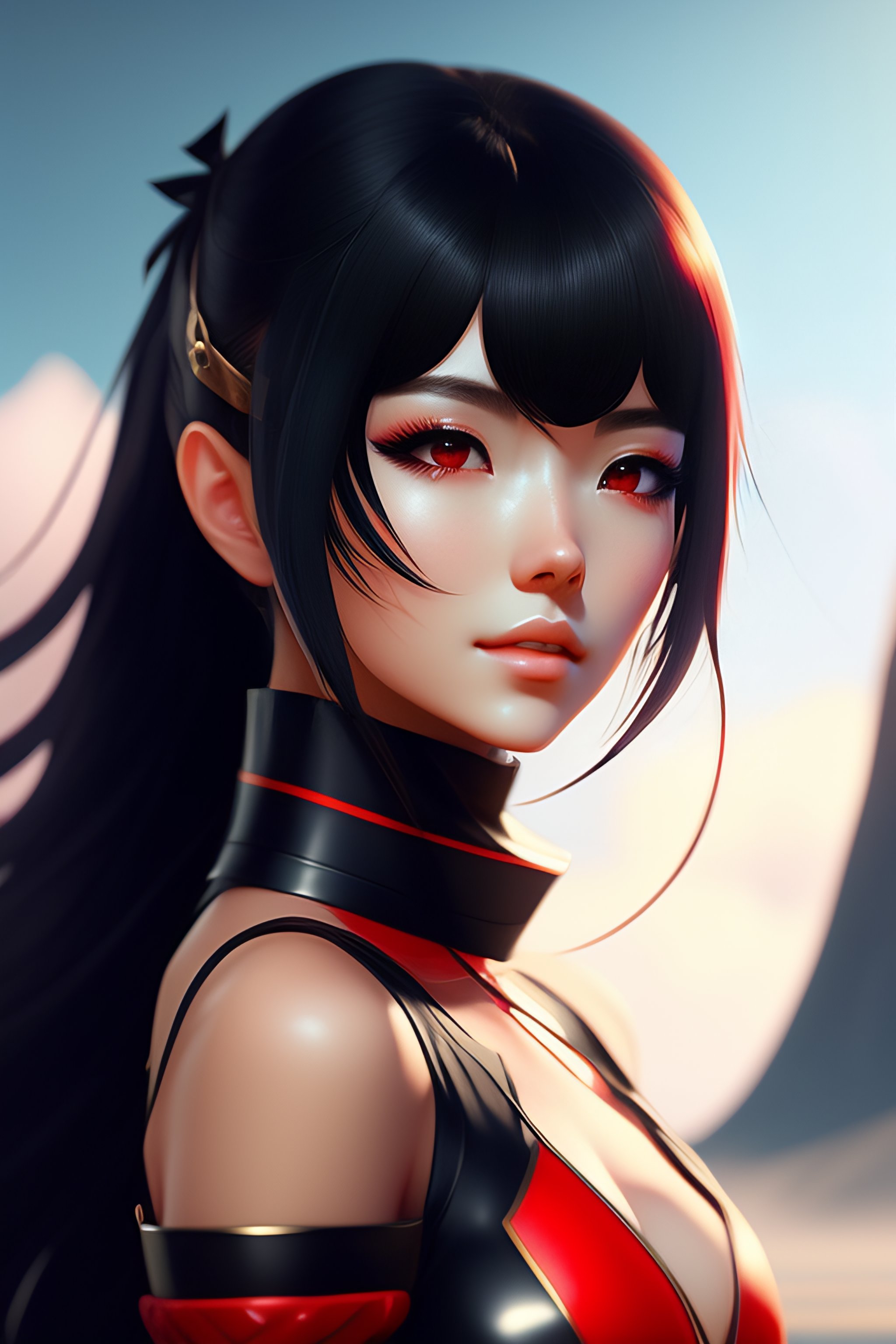 Lexica - Cute anime girl with red eyes black hair wearing black-red outfit  costume, black hair, black leather choker, in the beautiful landscape,  pho