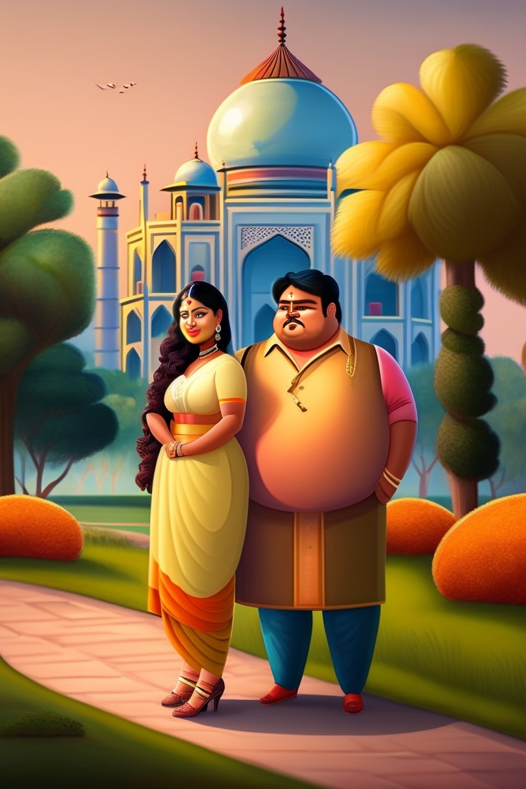 Lexica - A fat Indian man standing and a Indian beutiful girl standing,  they are lovers, India background, graden, trees, caricature, cartoon