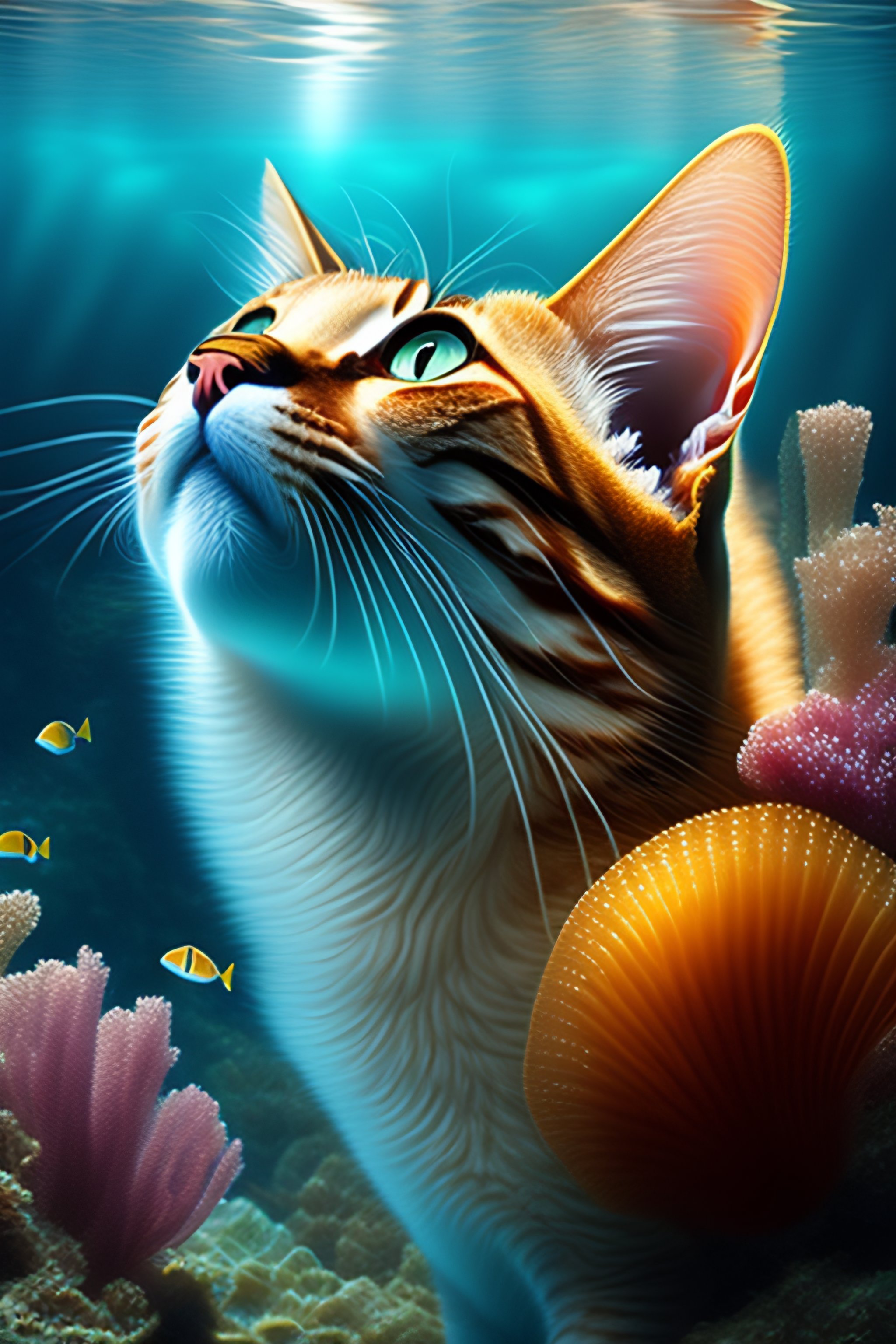 Lexica - Cat under water with sea insade, fish, seahorse,