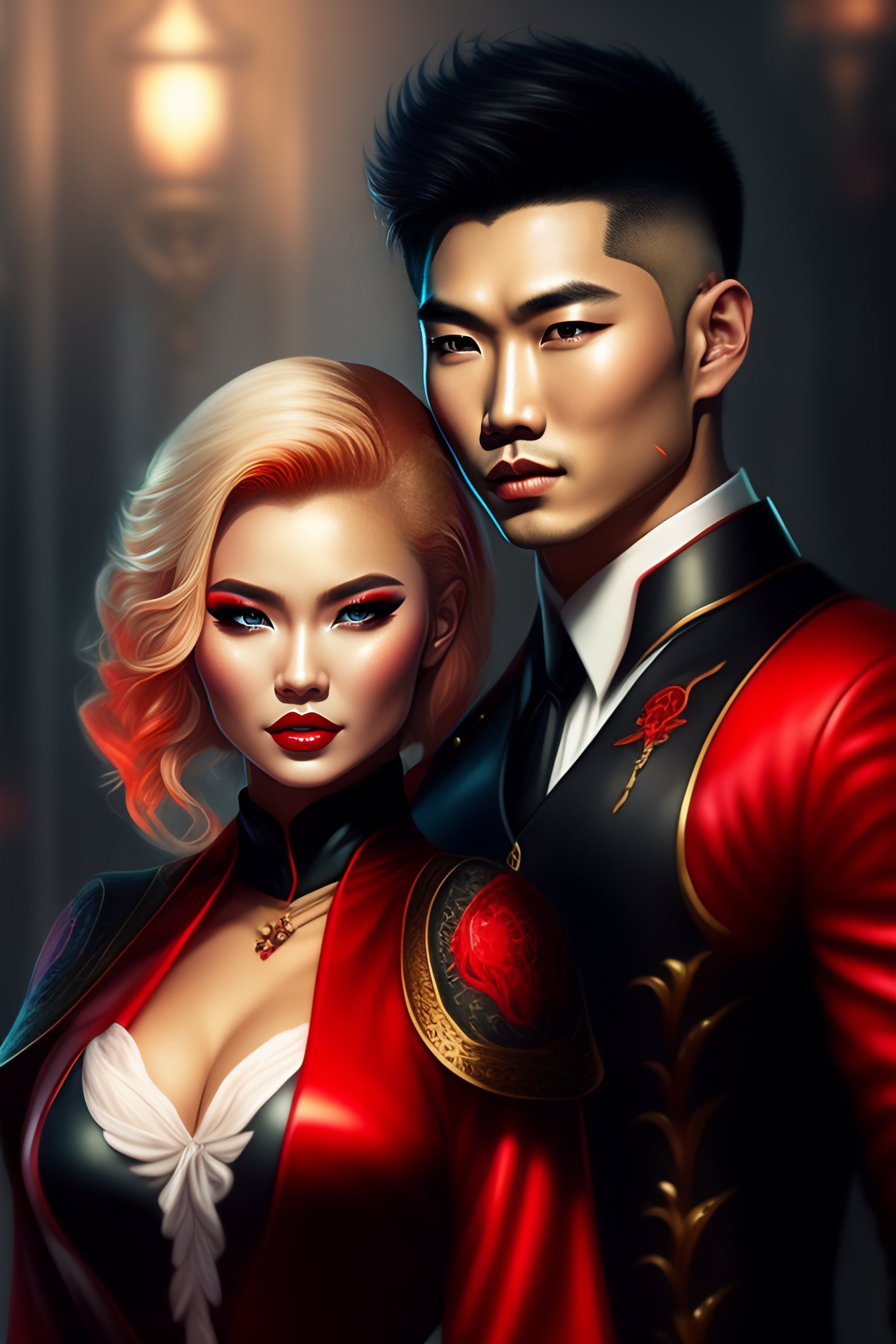 Lexica - Short blonde hair woman in red dress and handsome half Asian ...
