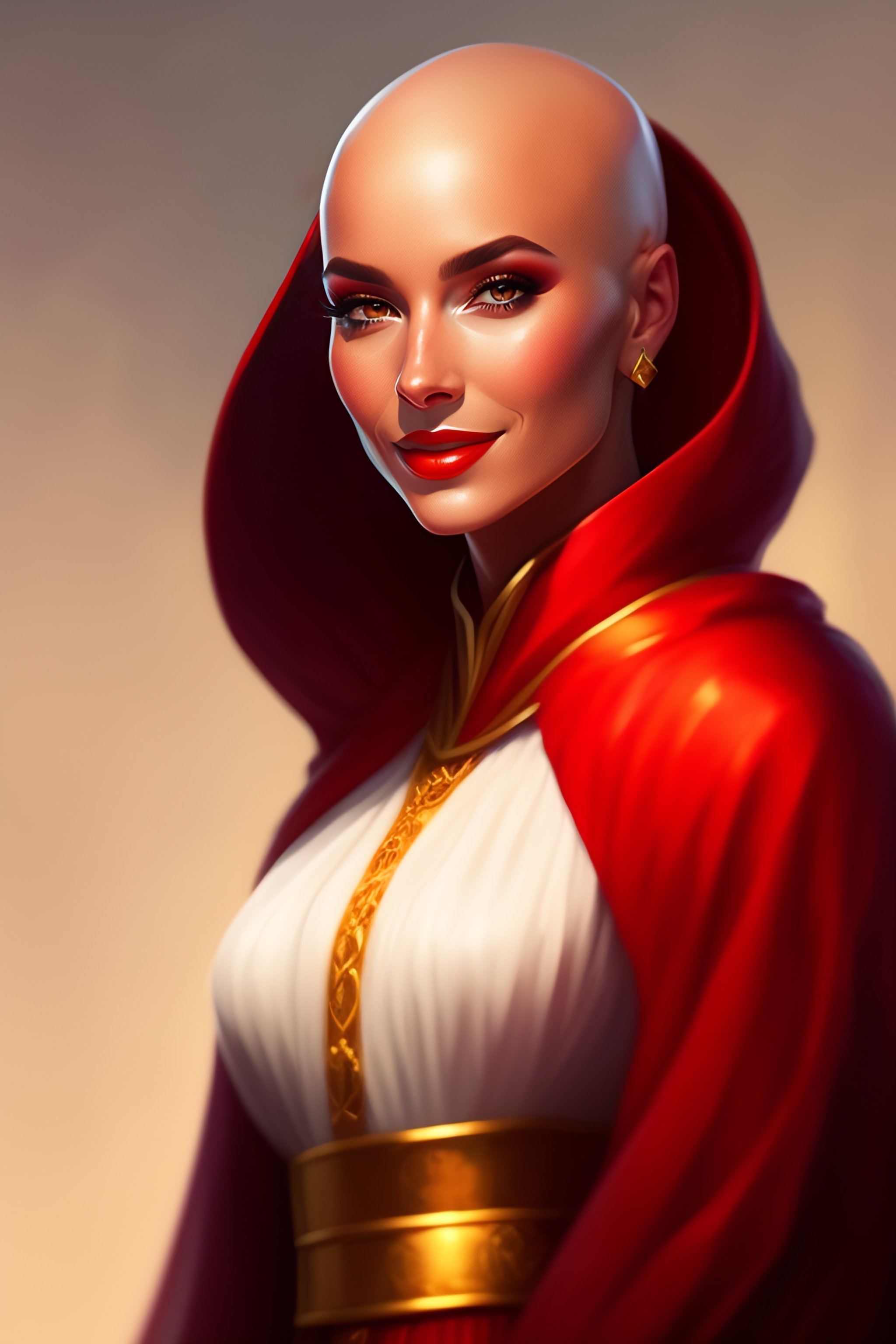 Lexica - Bald white woman, red robes, coy smile, lots of gold, digital