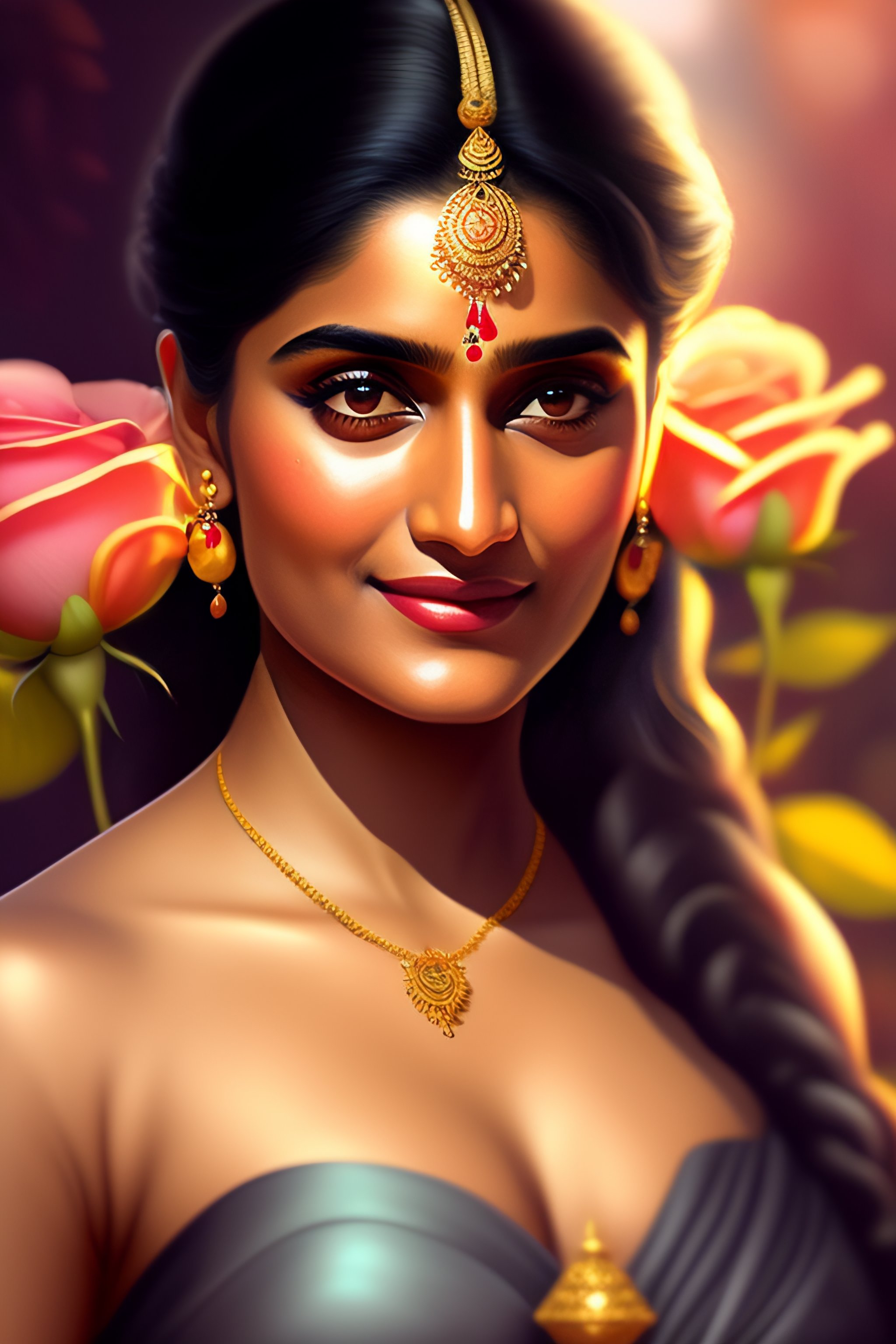 Lexica - Spanish woman niveda thomas, smelling a flower, roses everywhere,  highly detailed, silver bra with golden line design, large bra, with  golde
