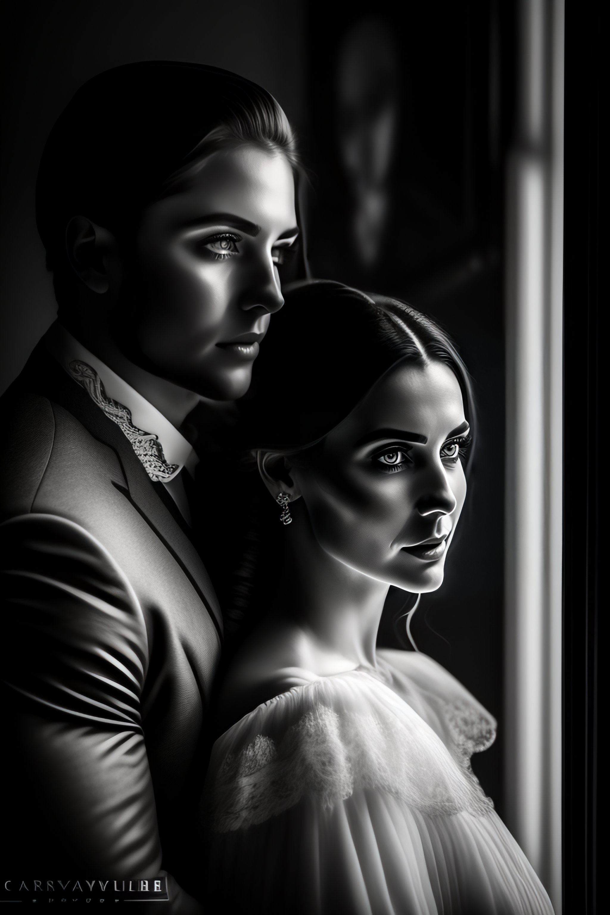 Lexica - Ghost and young woman in victorian house, black and white ...