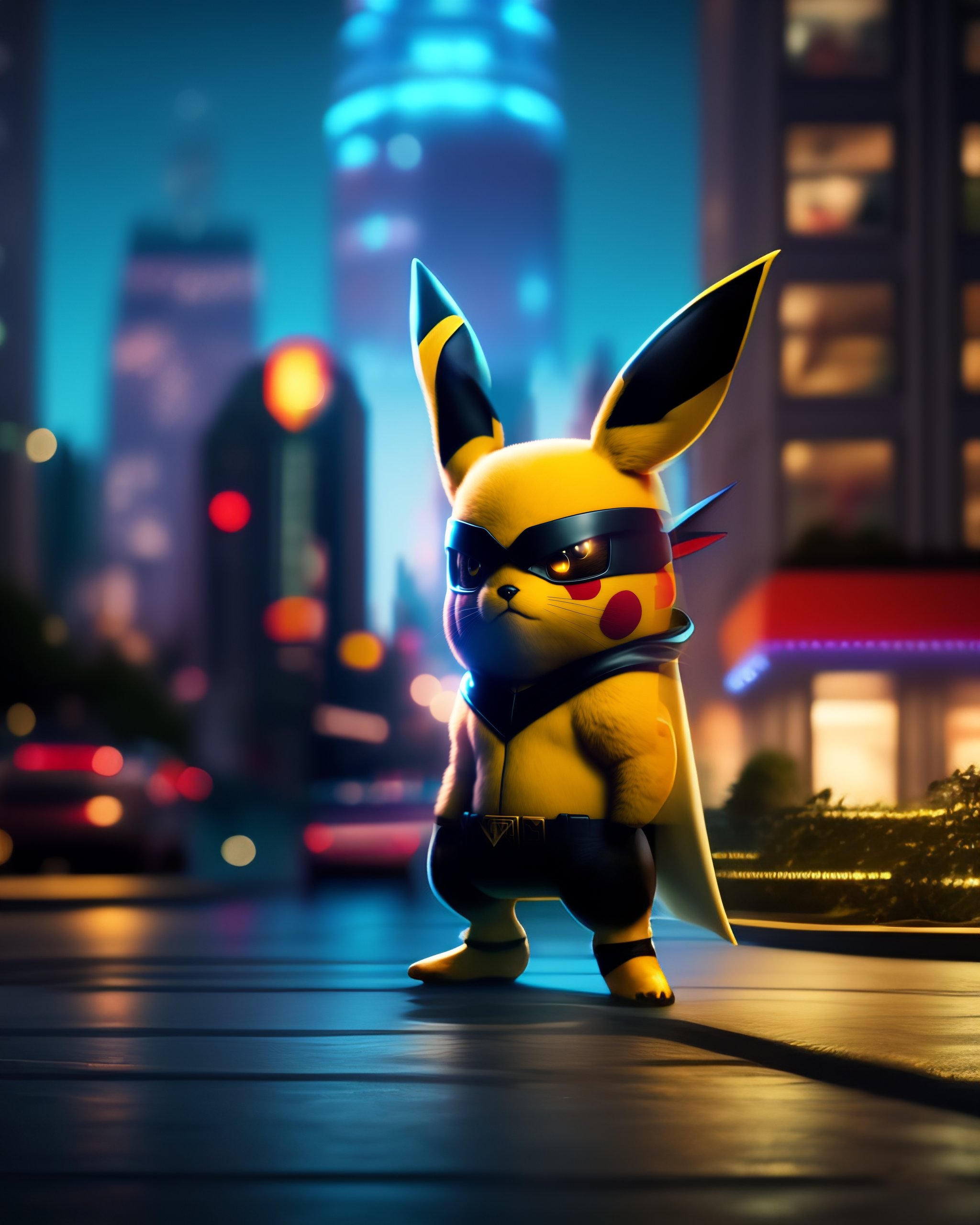 Lexica - Movie shot of pikachu as superhero with suit in pokemon city ...