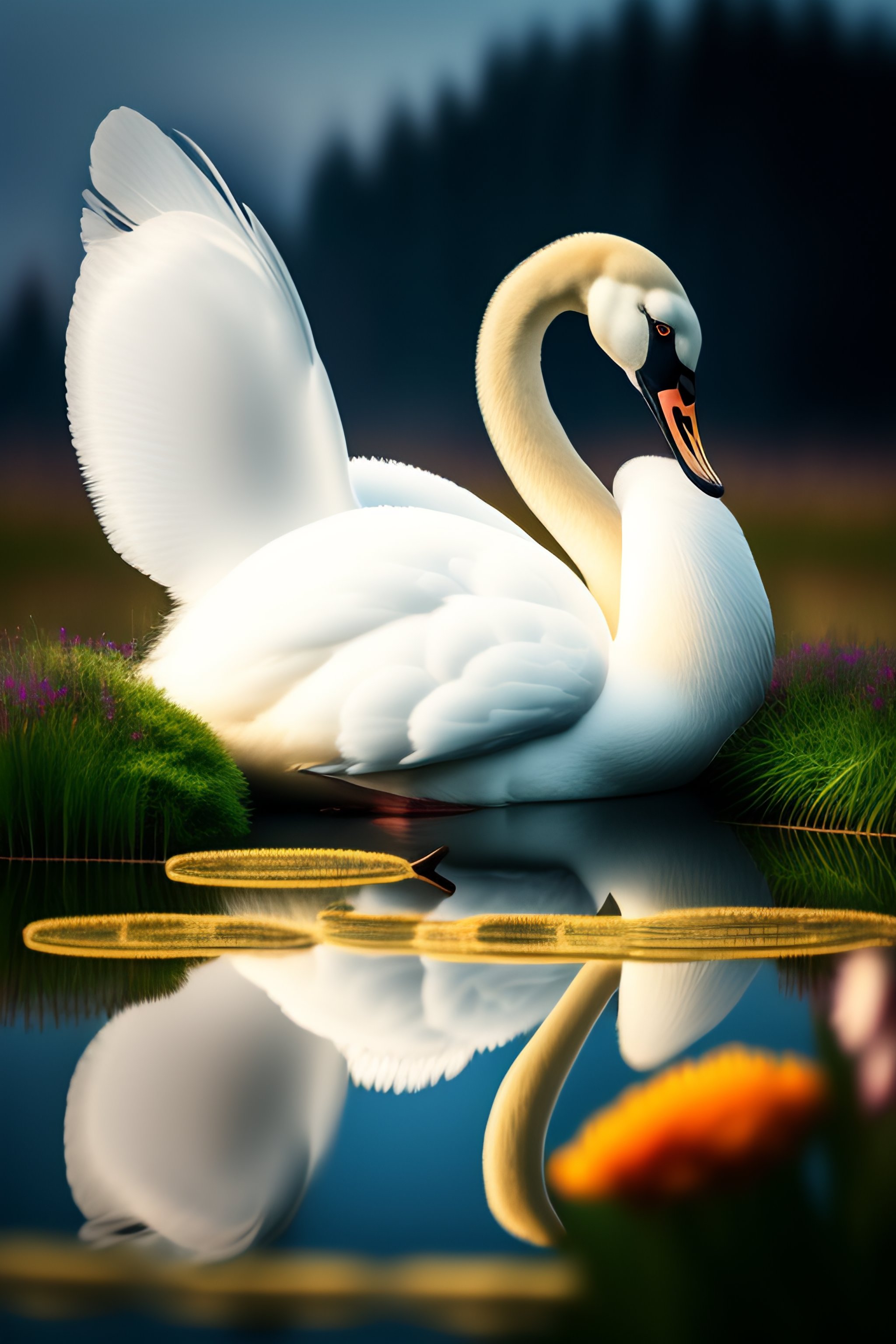 Lexica Beautiful white swan,fluffy feathers, pond , flowers