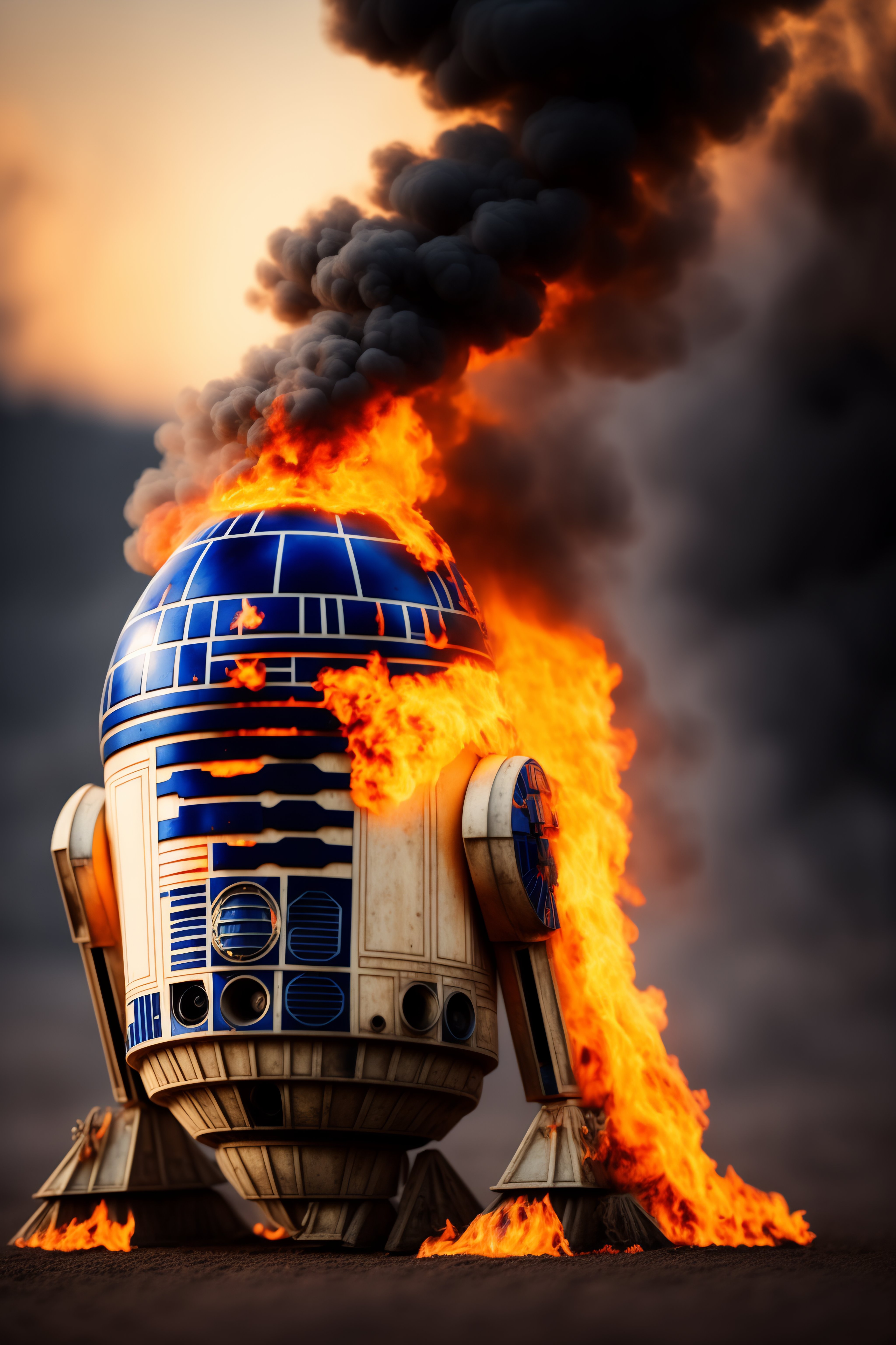 Lexica - R2D2 engulfed in flames starting menacing ,hyper real detailed,8k