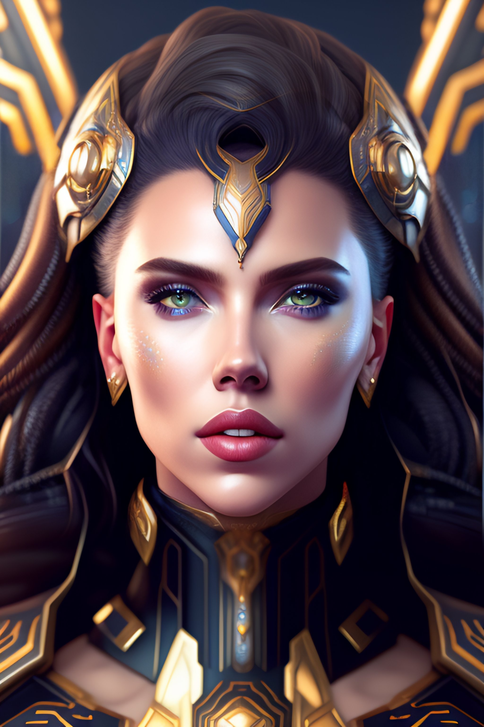 Lexica Symmetry Portrait Of Cyberpunk Scarlett Johansson Empress Goddess Mecha In The Style