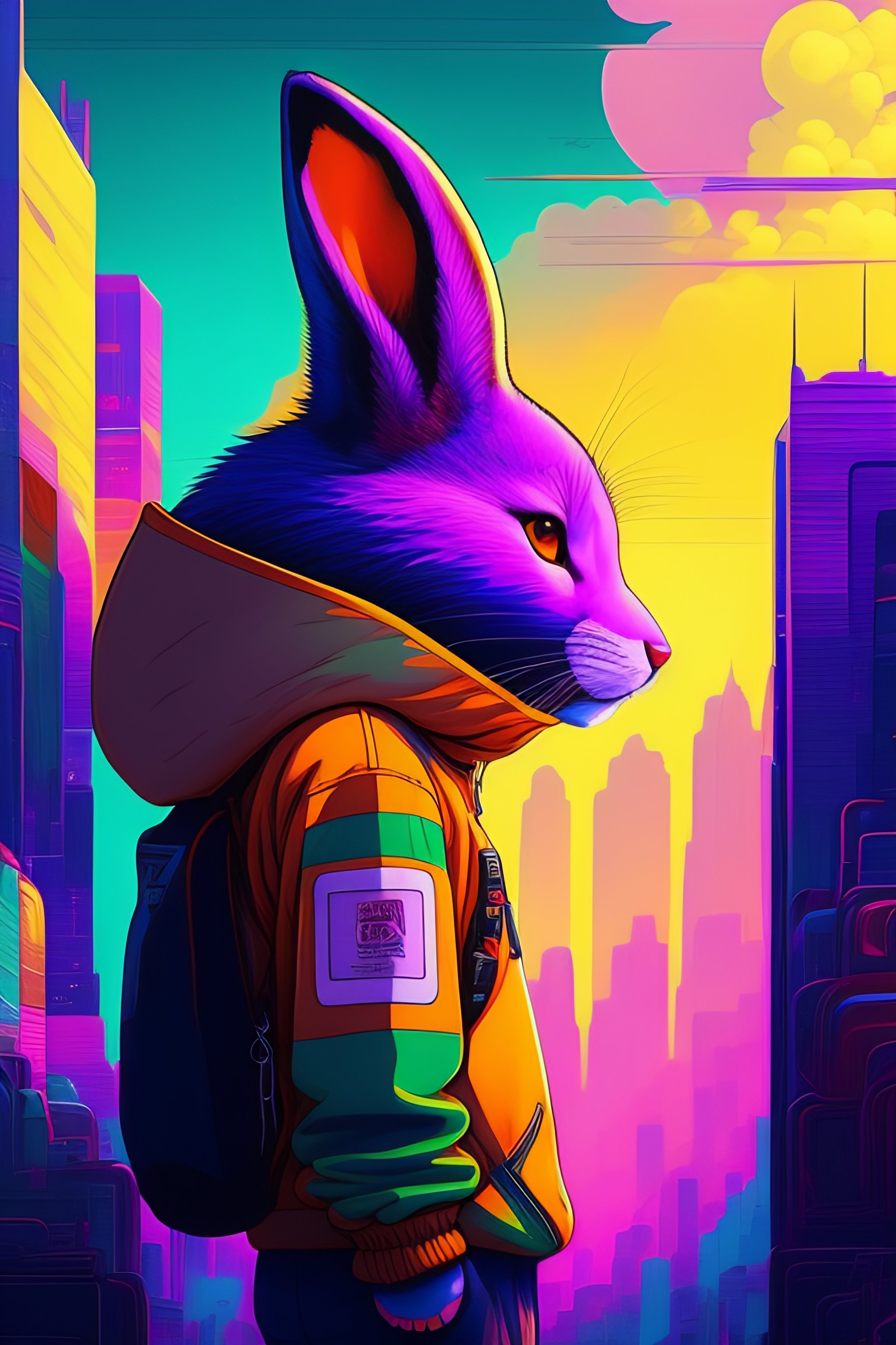 Lexica - Photo of of a huge rabit with spraycans in a fusion cityscape ...