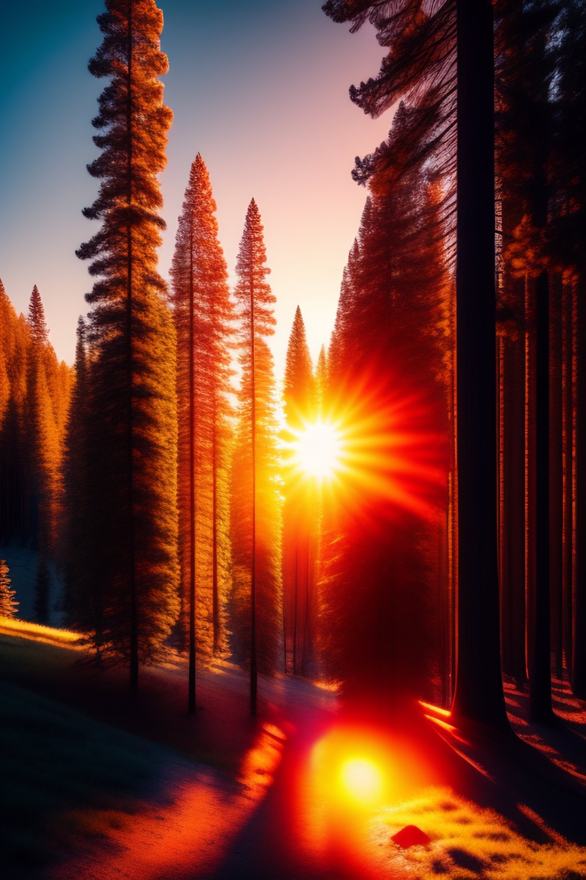 Lexica - Low sun, red rays, pines