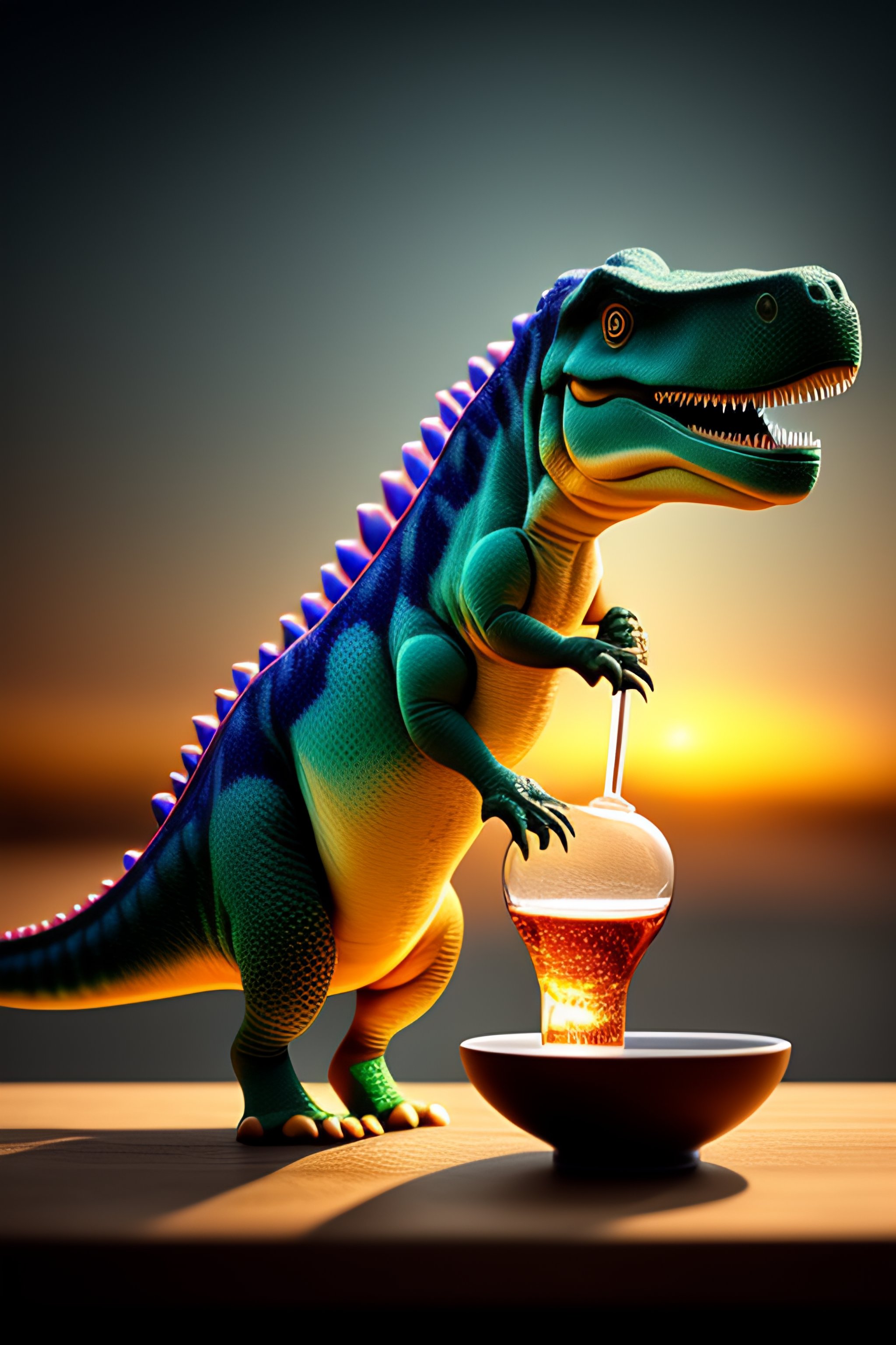 Lexica Dinosaur drinking tea with its hands