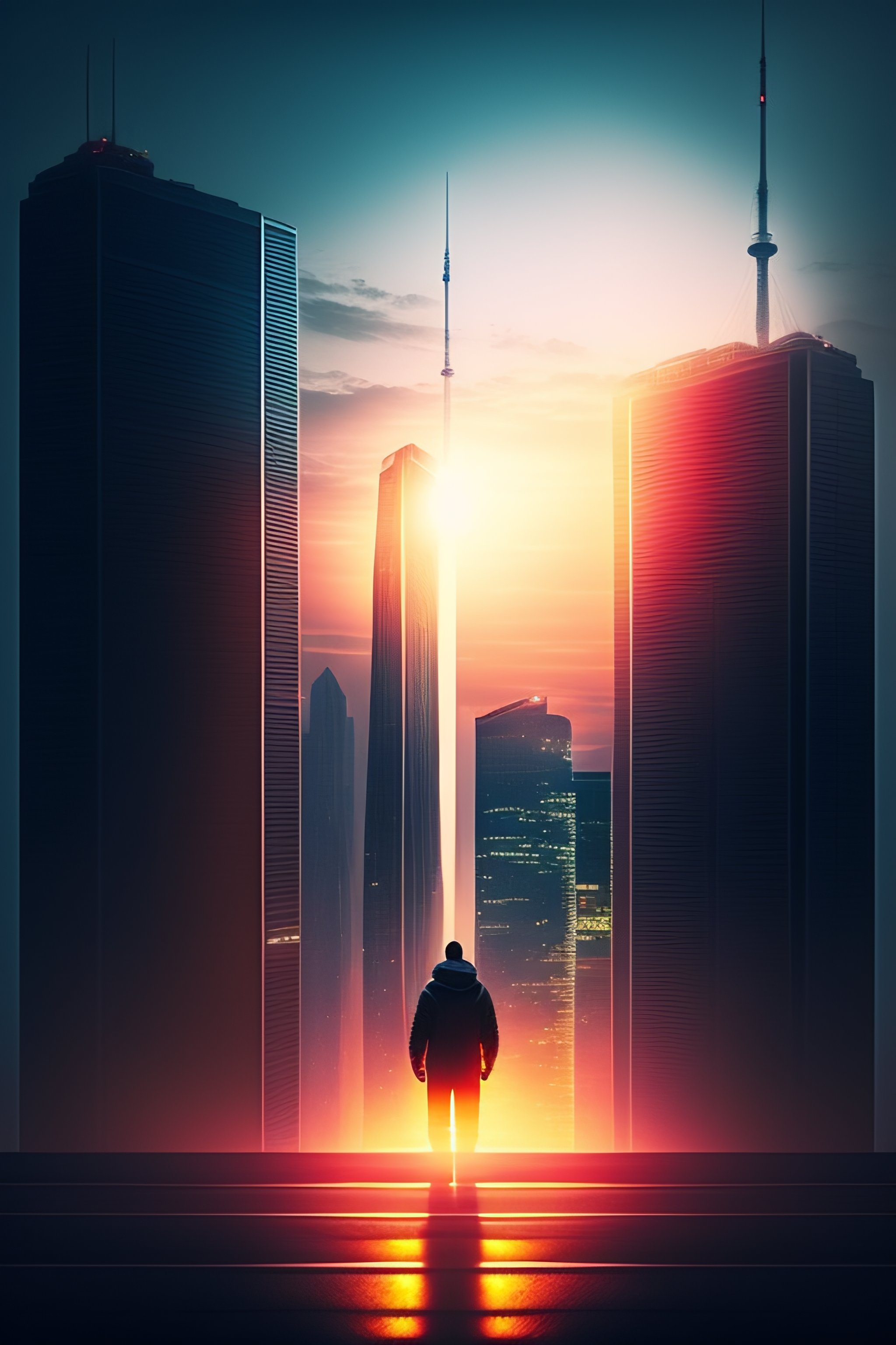 Lexica - "In the midst of a bustling city, a lone figure stands atop a ...