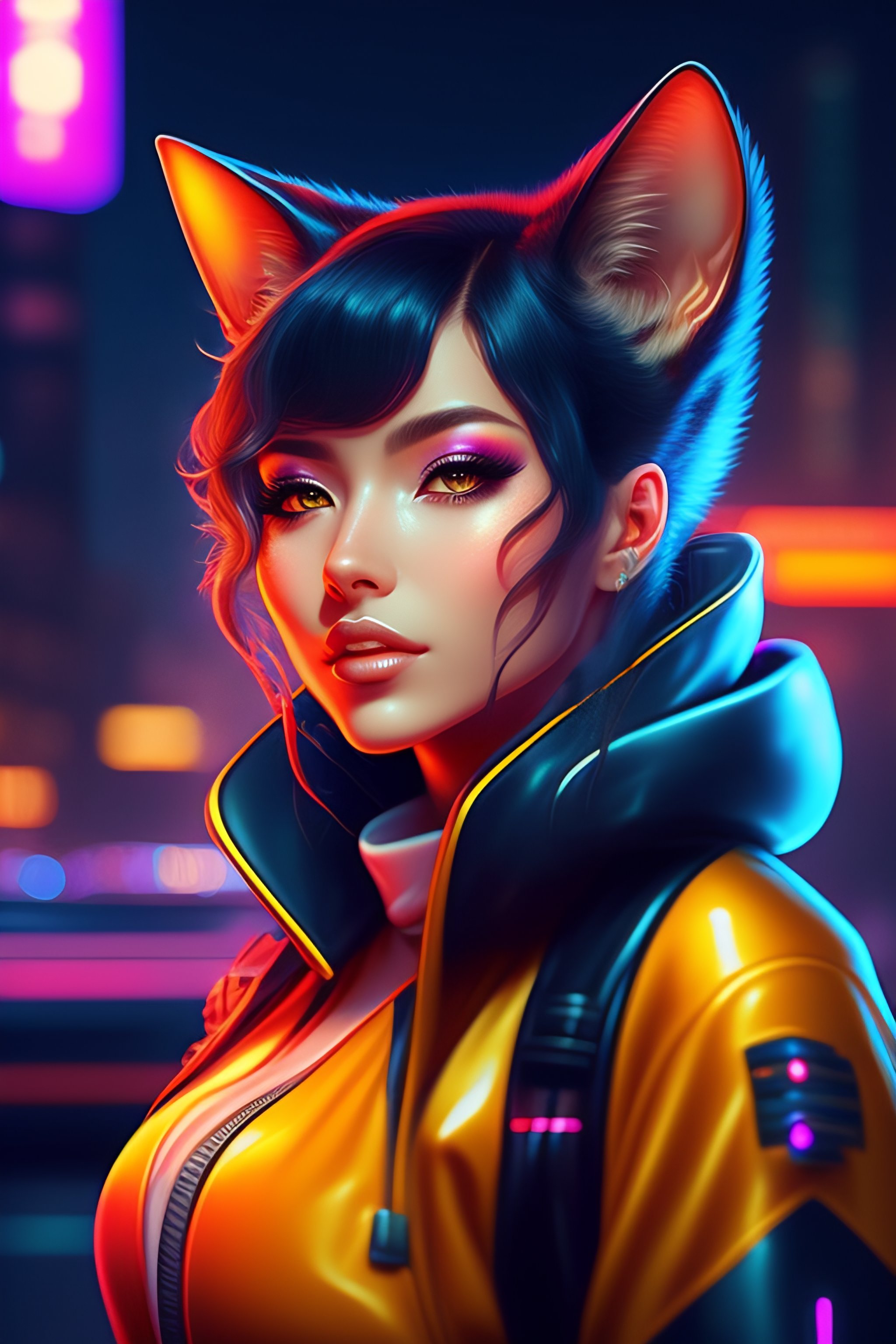 Lexica - Portrait of a Cute Cyberpunk Cat Girl in a Retro Future ...
