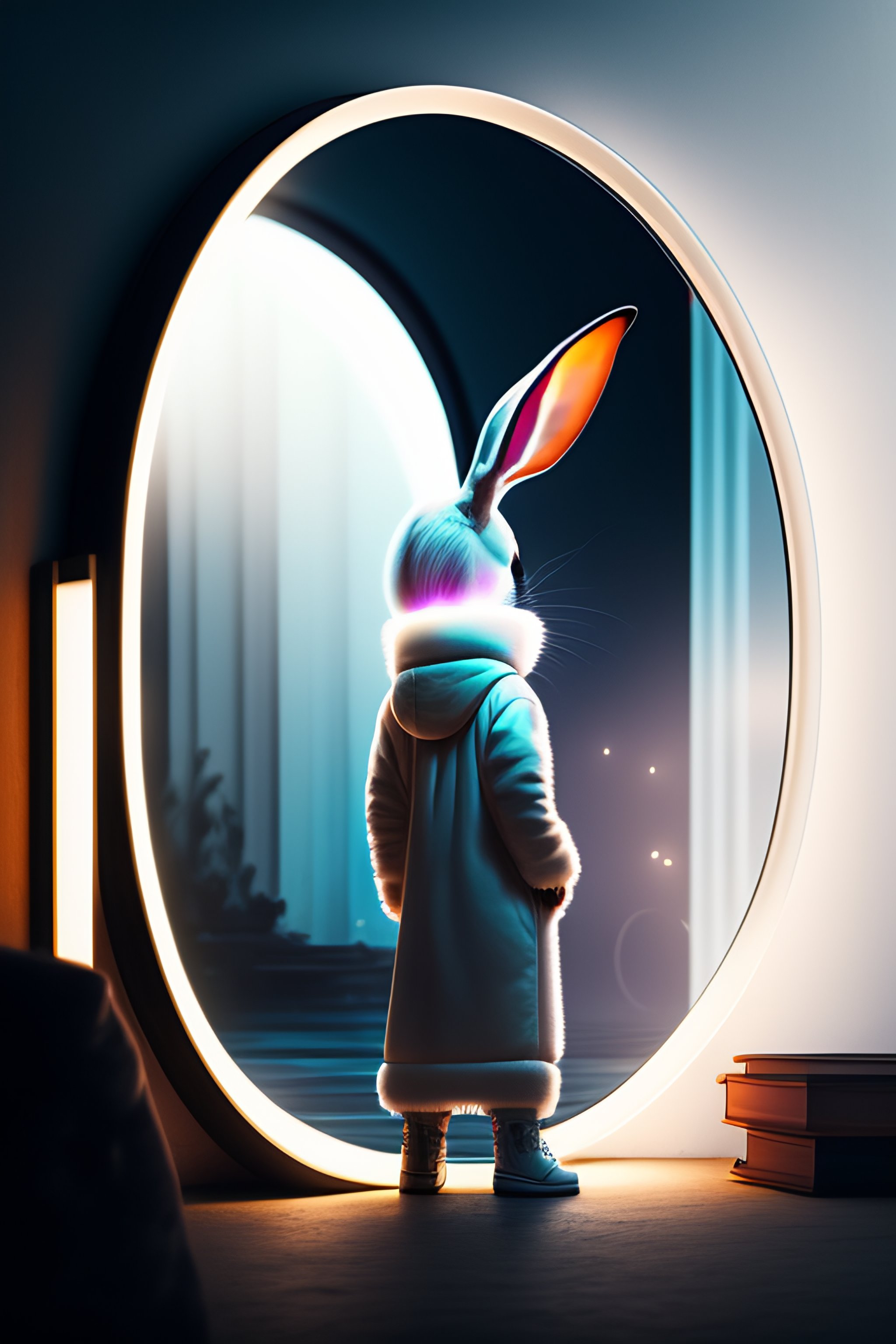 Lexica - Follow the White Rabbit in front of a round mirror, cyberpunk  style, mystery atmosfere, image size:2048x3072