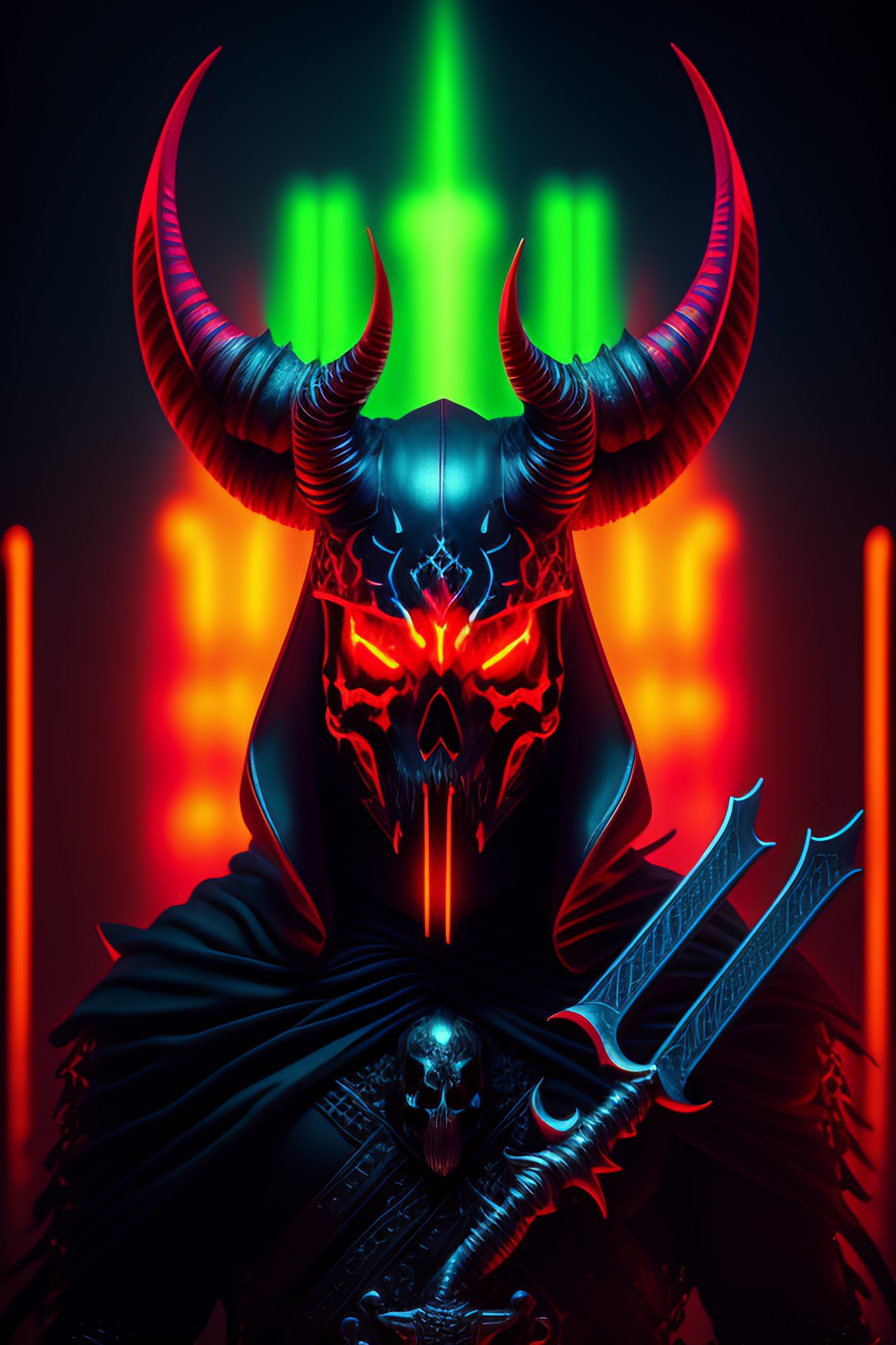 Lexica Demon with a skull and horn mask and sword of hell .neon style