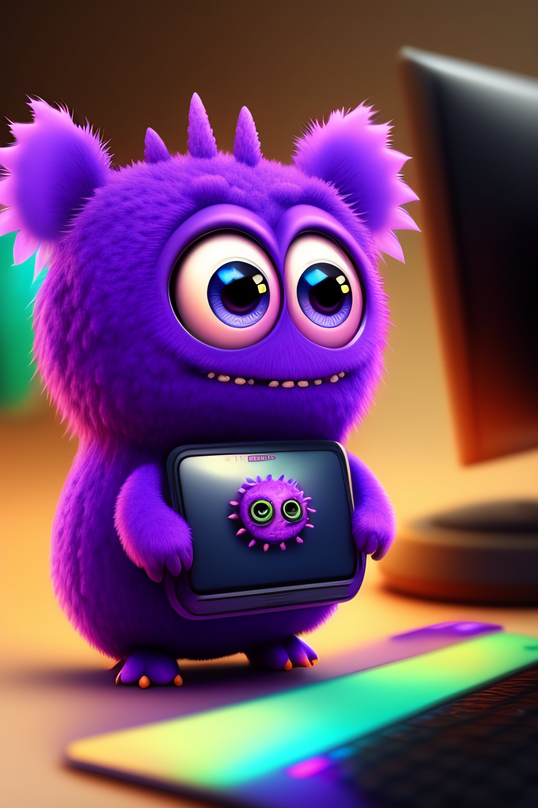 Lexica - One cute purple monster with big eyes coding on a computer