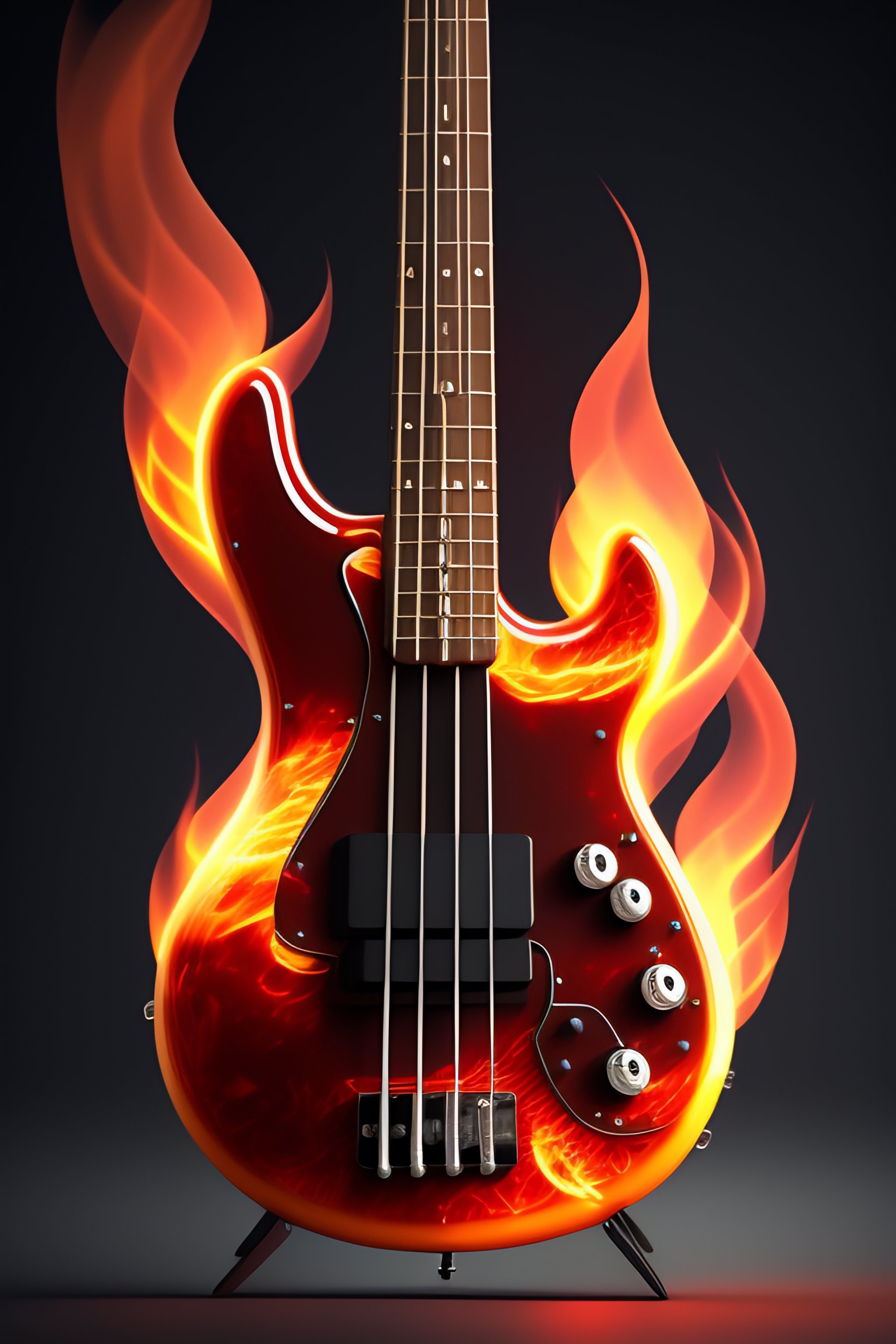 Lexica Epic bass guitar with flames, 3D octane render