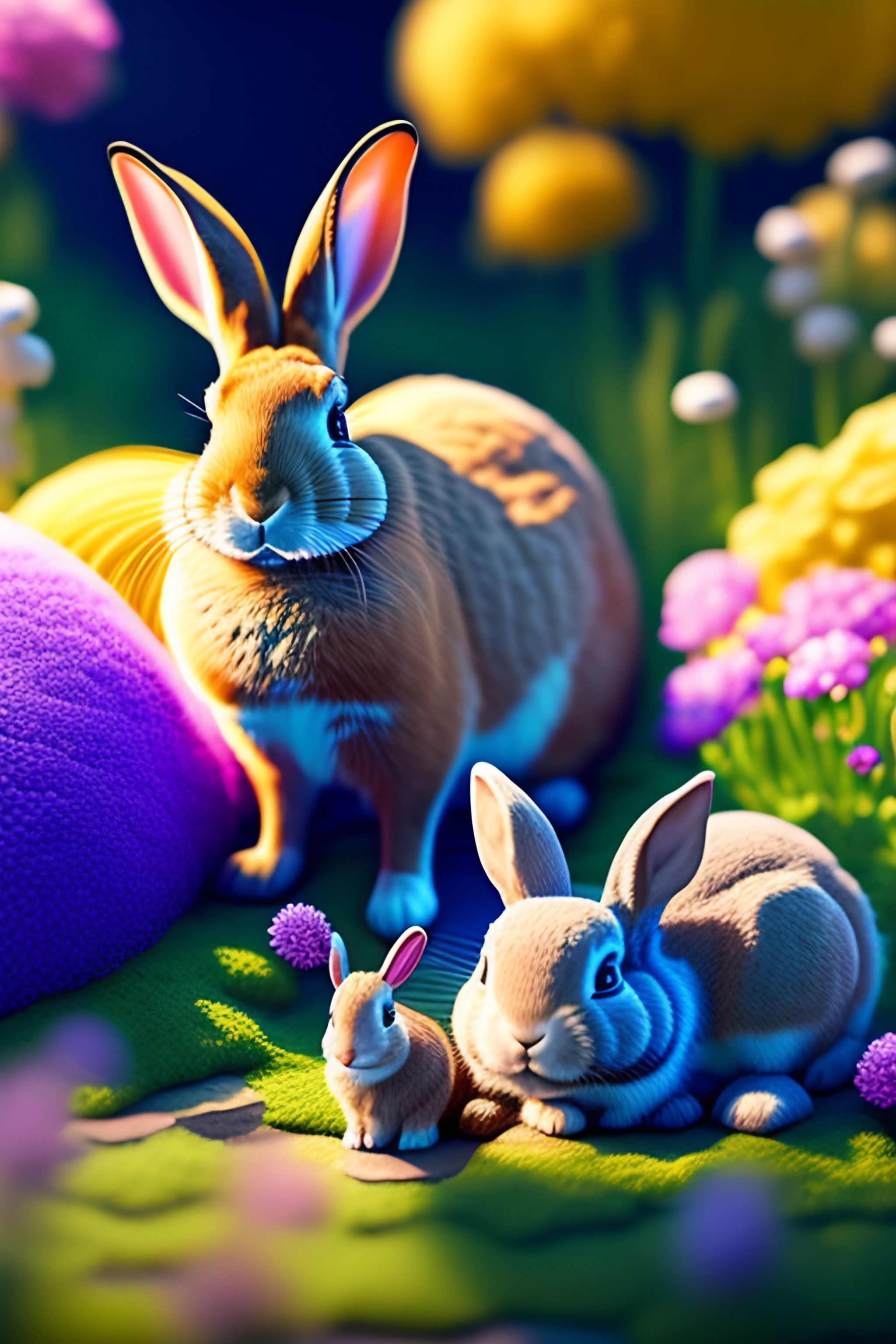 Lexica - Rabbit and Fluffy animals in flower garden with color bubbles ...