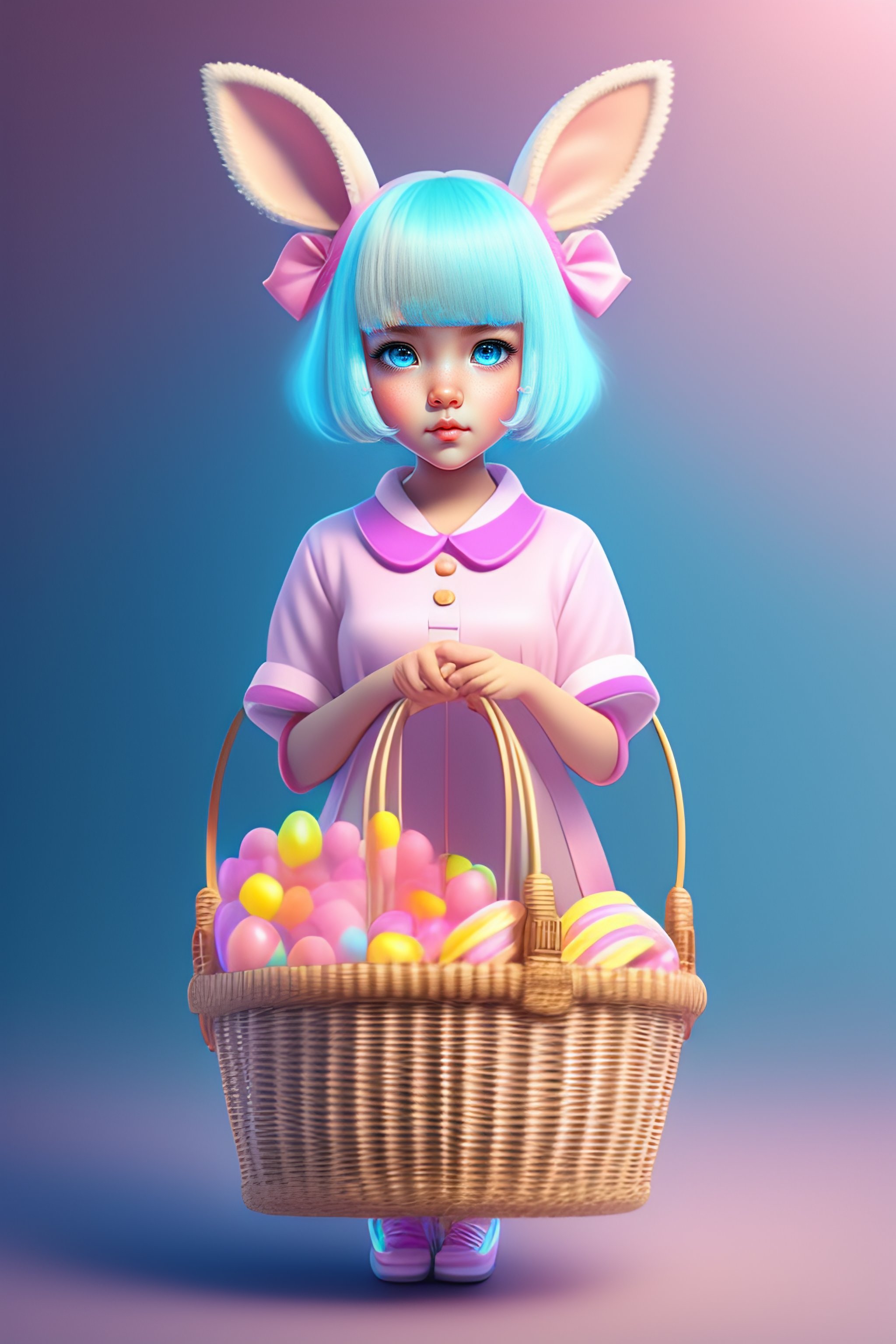 Lexica - Anime,wallpaper like pencil drawing, digital art of cute kawaii  girl with bunny ears, light blue hair,bob,pink eyes,holding a  Omikuji,backgr