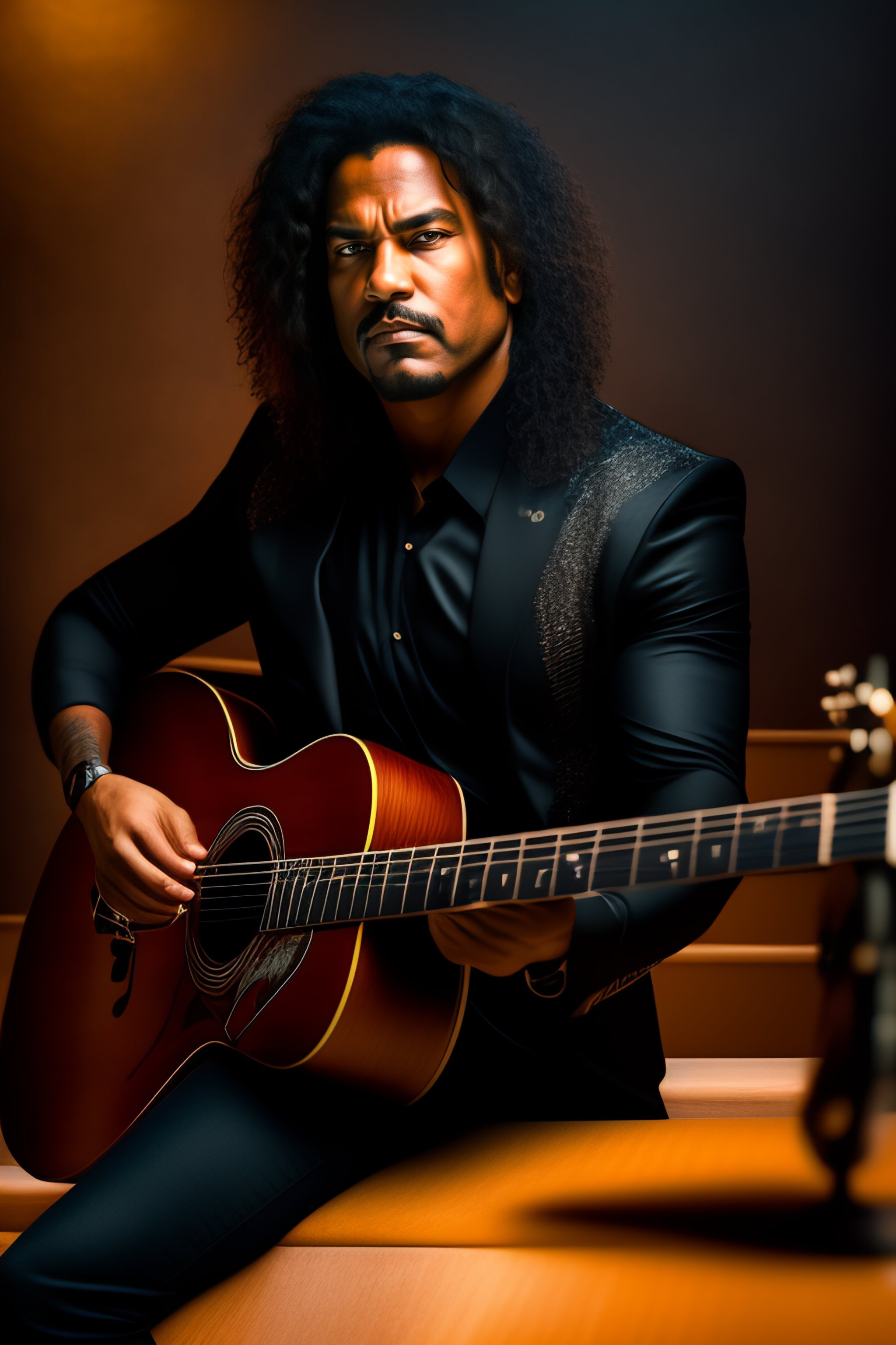 Lexica - Portrait of a rock musician with a black guitar looking at the ...