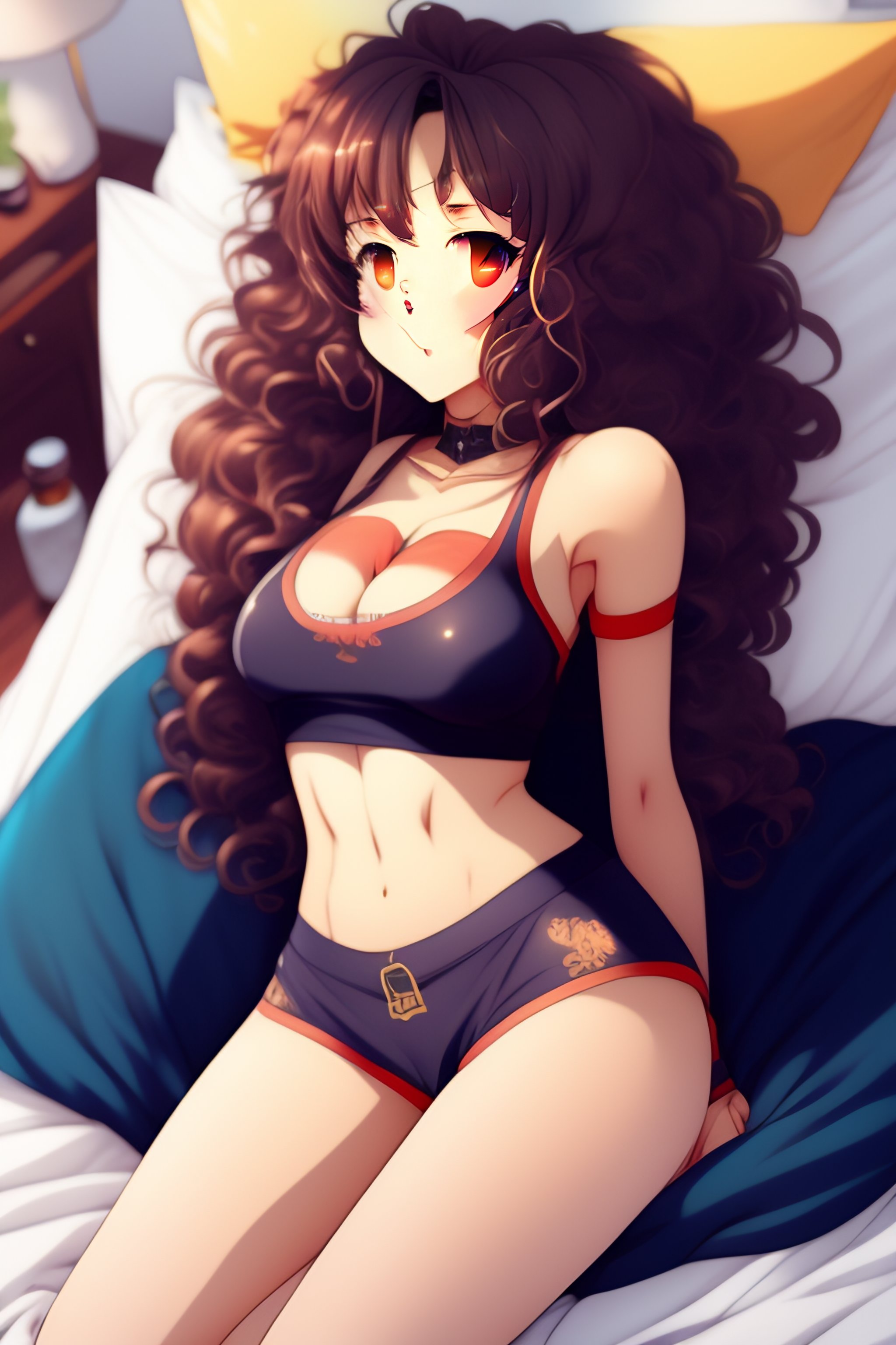 Lexica - Anime style, cute girl, 19 years old, medium curly brown hair,  skinny, flat belly visible, slim waist, thick, medium bust, gamer girl crop  t...