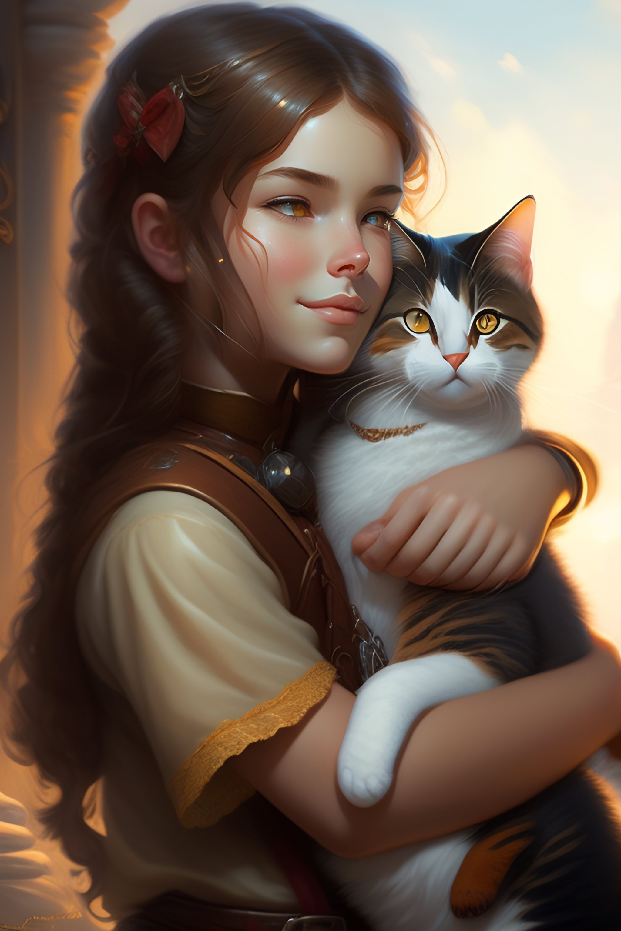 Lexica - A detailed portrait of a cute calm brunette girl hugging a ...