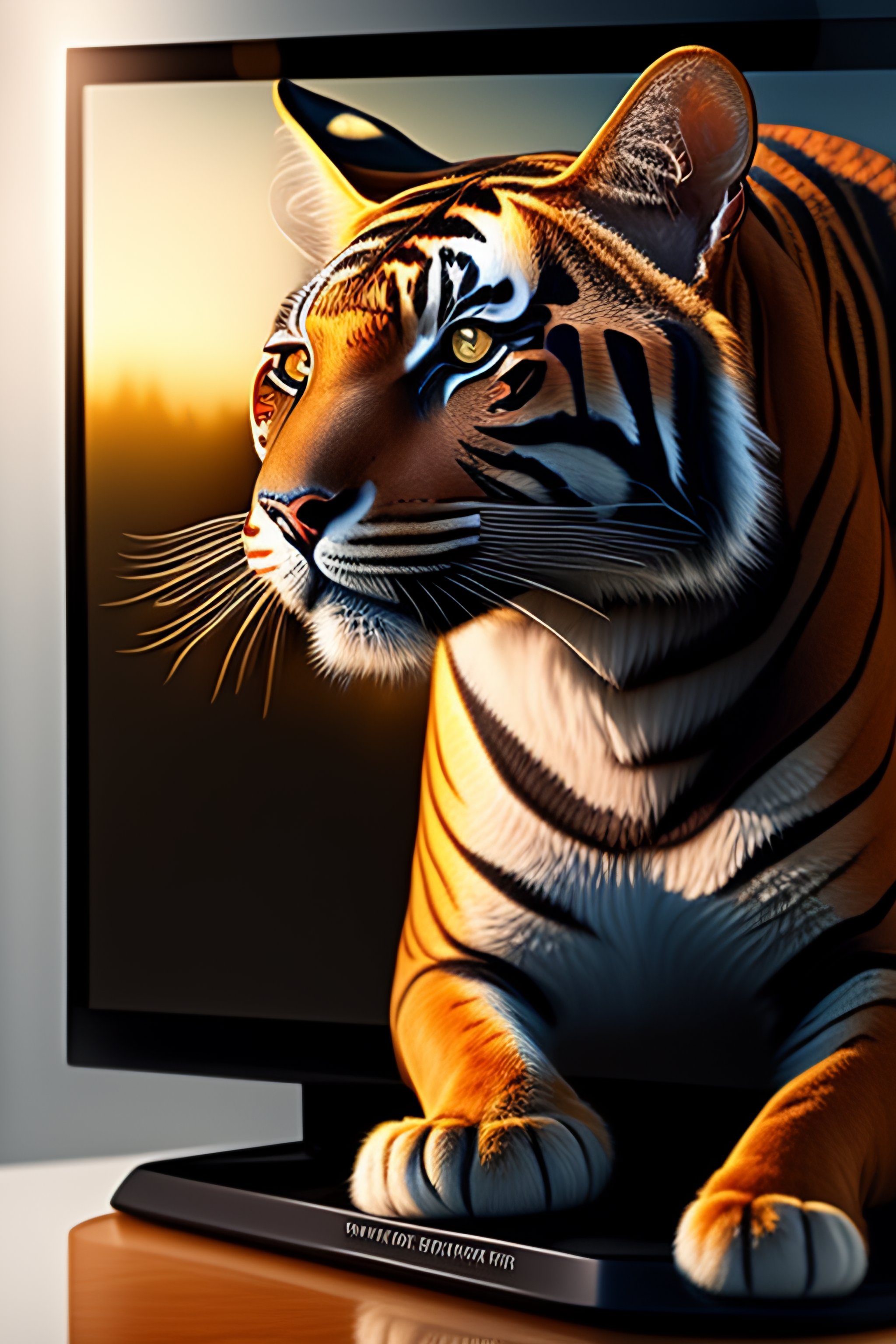 Lexica - Brown tiger cat blogging against a PC display.