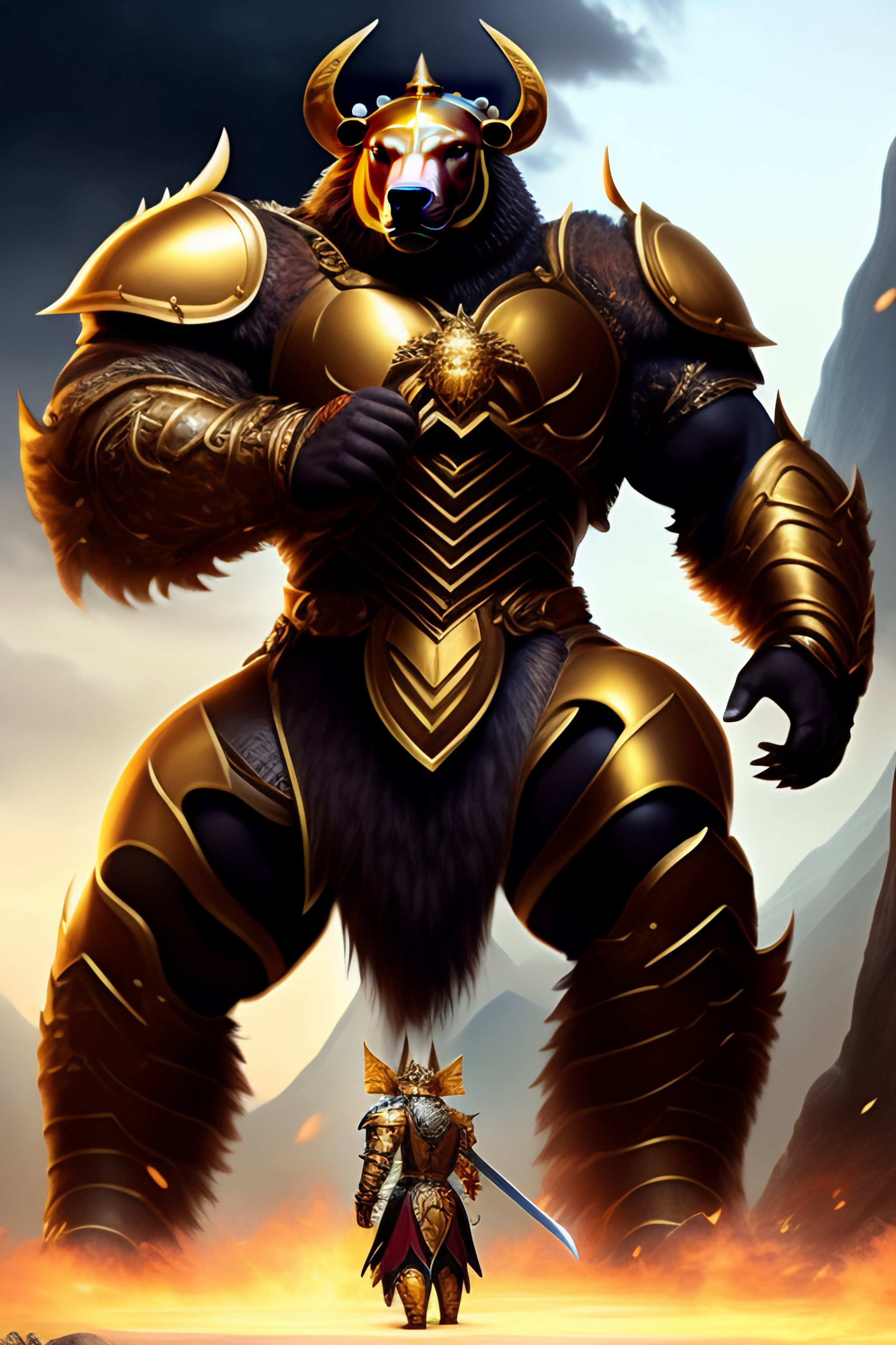 Lexica - Humanoid warrior bear wearing golden armor weilding a giant ...