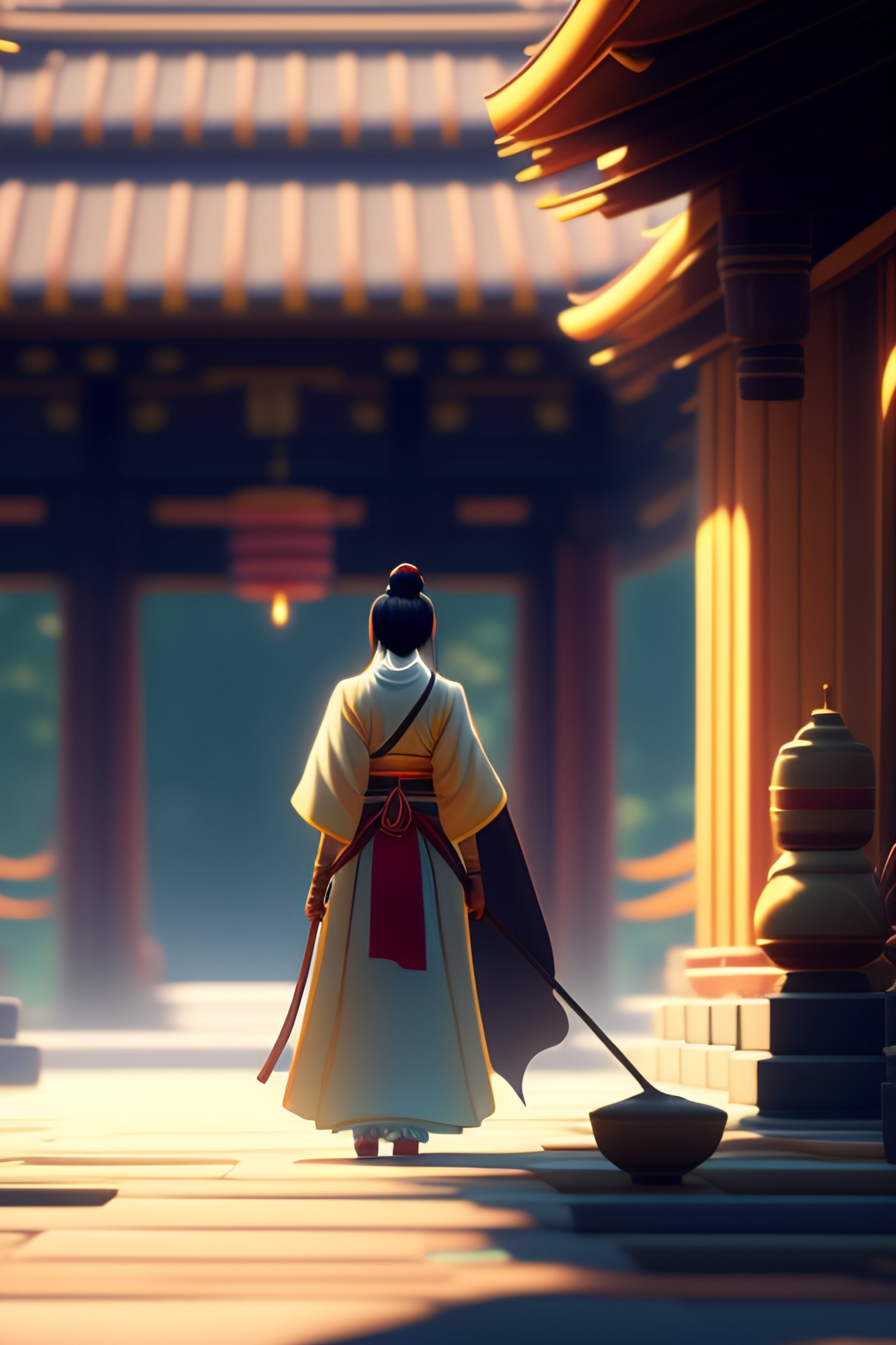 Lexica - A wholesome animation key shot of a shinto priestess sweeping ...