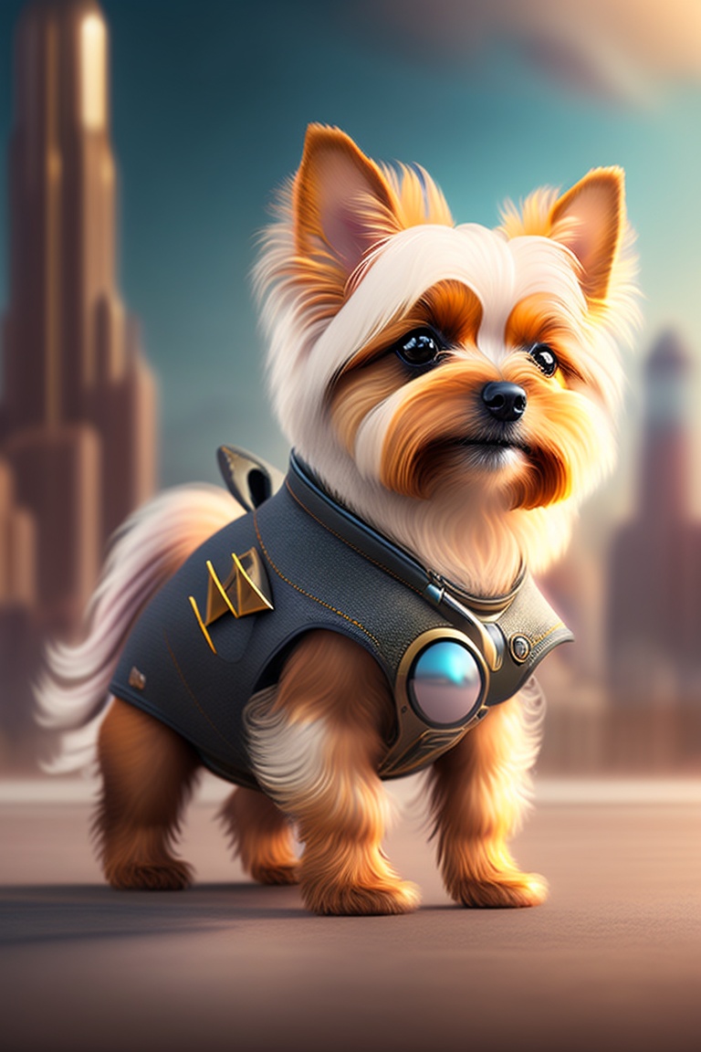 Lexica - Yorkshire terrier alien invading earth, background city destroied