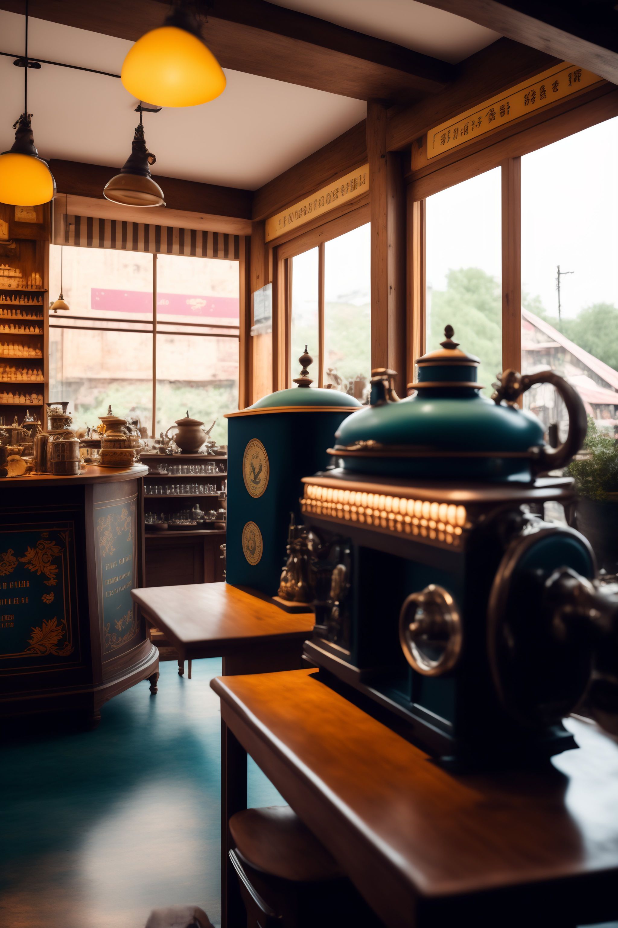 Lexica - Inside view of an old tea shop which also has old sewing machines