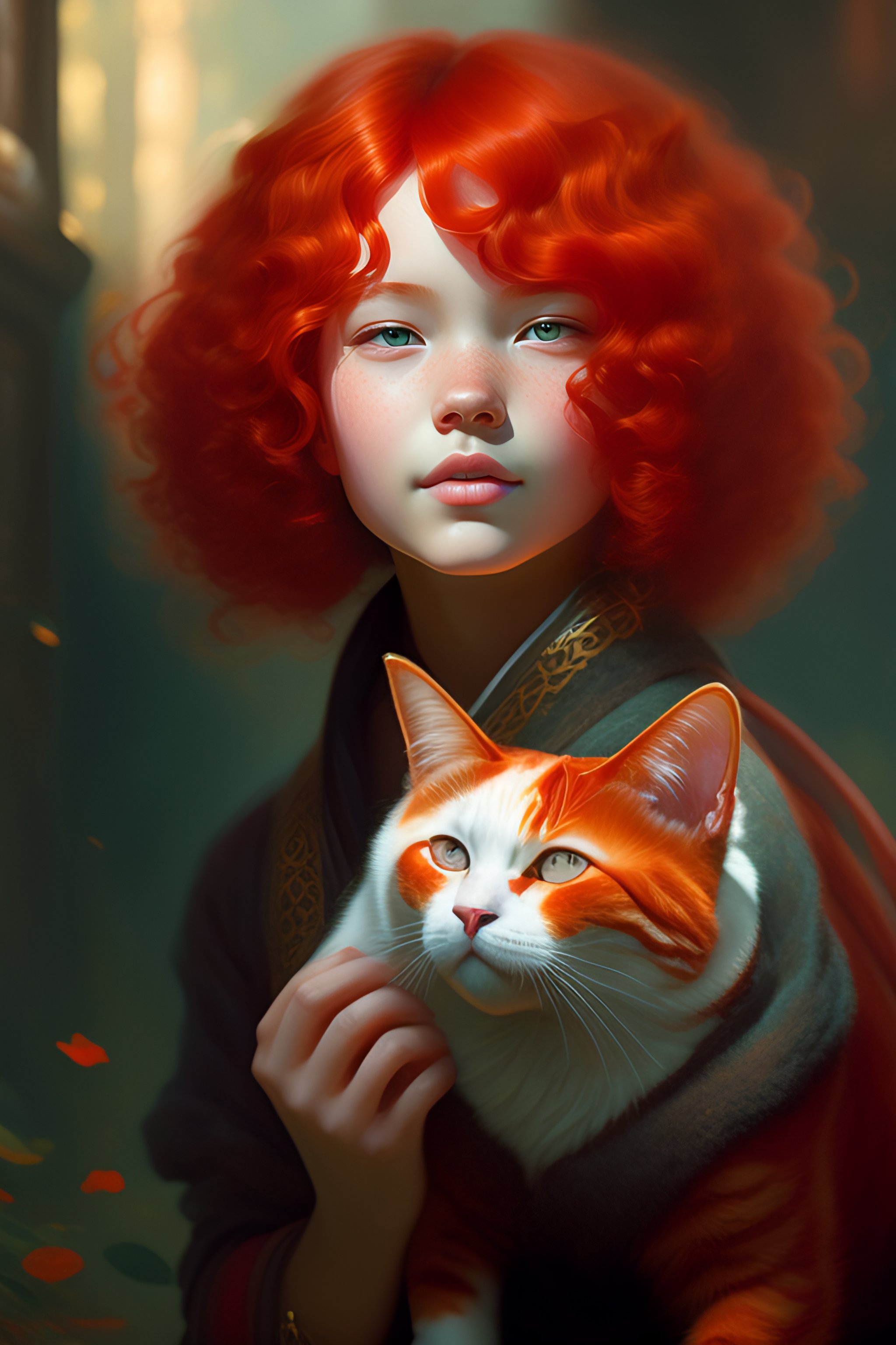 Lexica - A girl with red curly hair holds a red cat, twenty years old ...