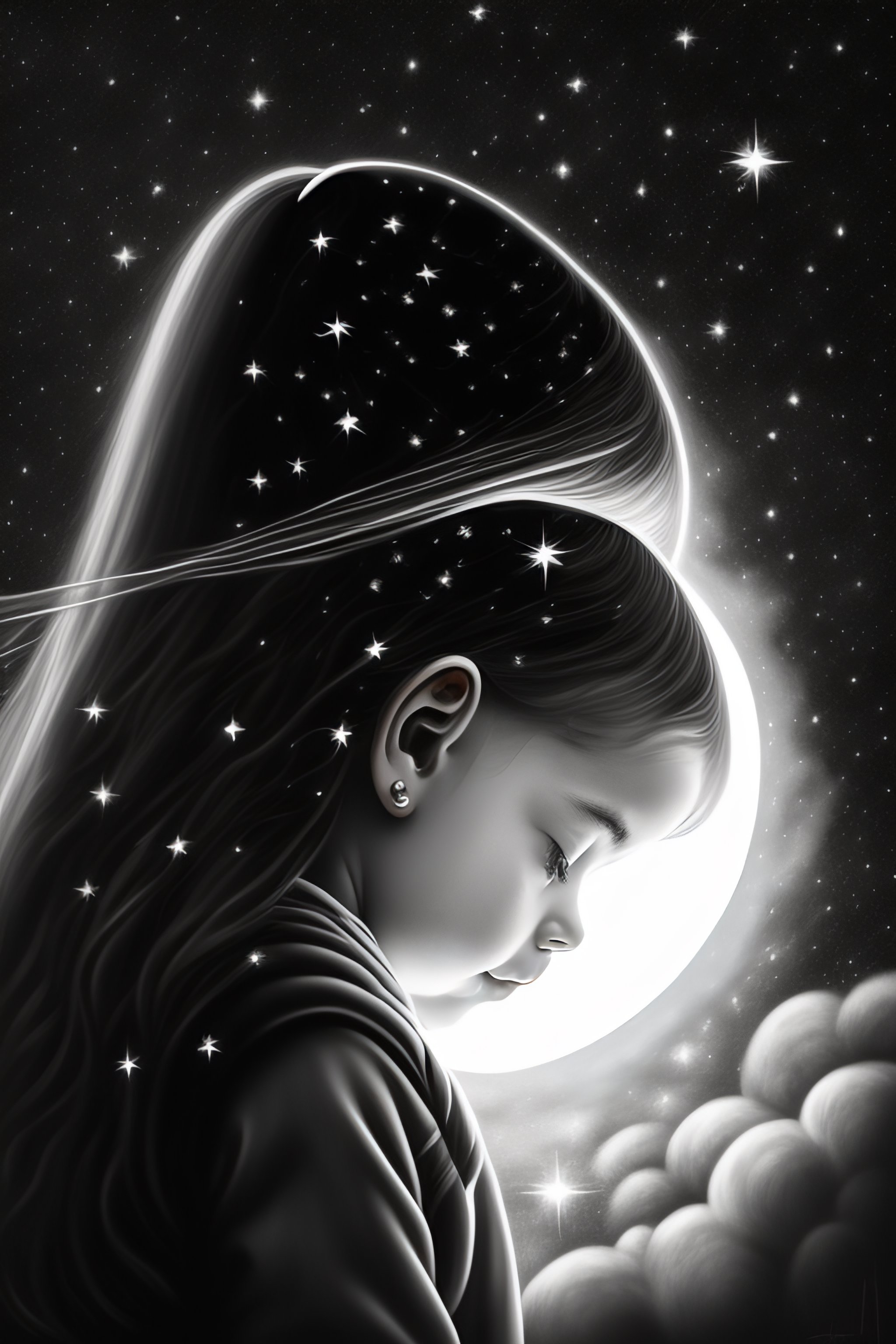 Lexica - Girl looking at the stars, black and white, logo,